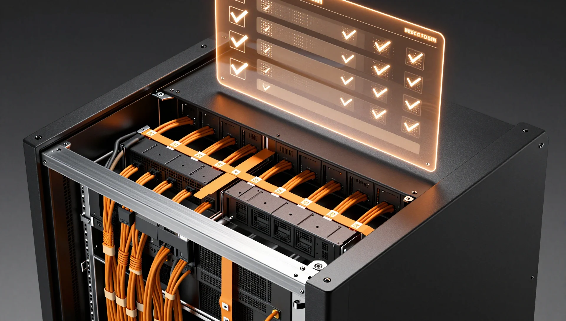Organized server rack with holographic checklist overlay and orange accent cabling
