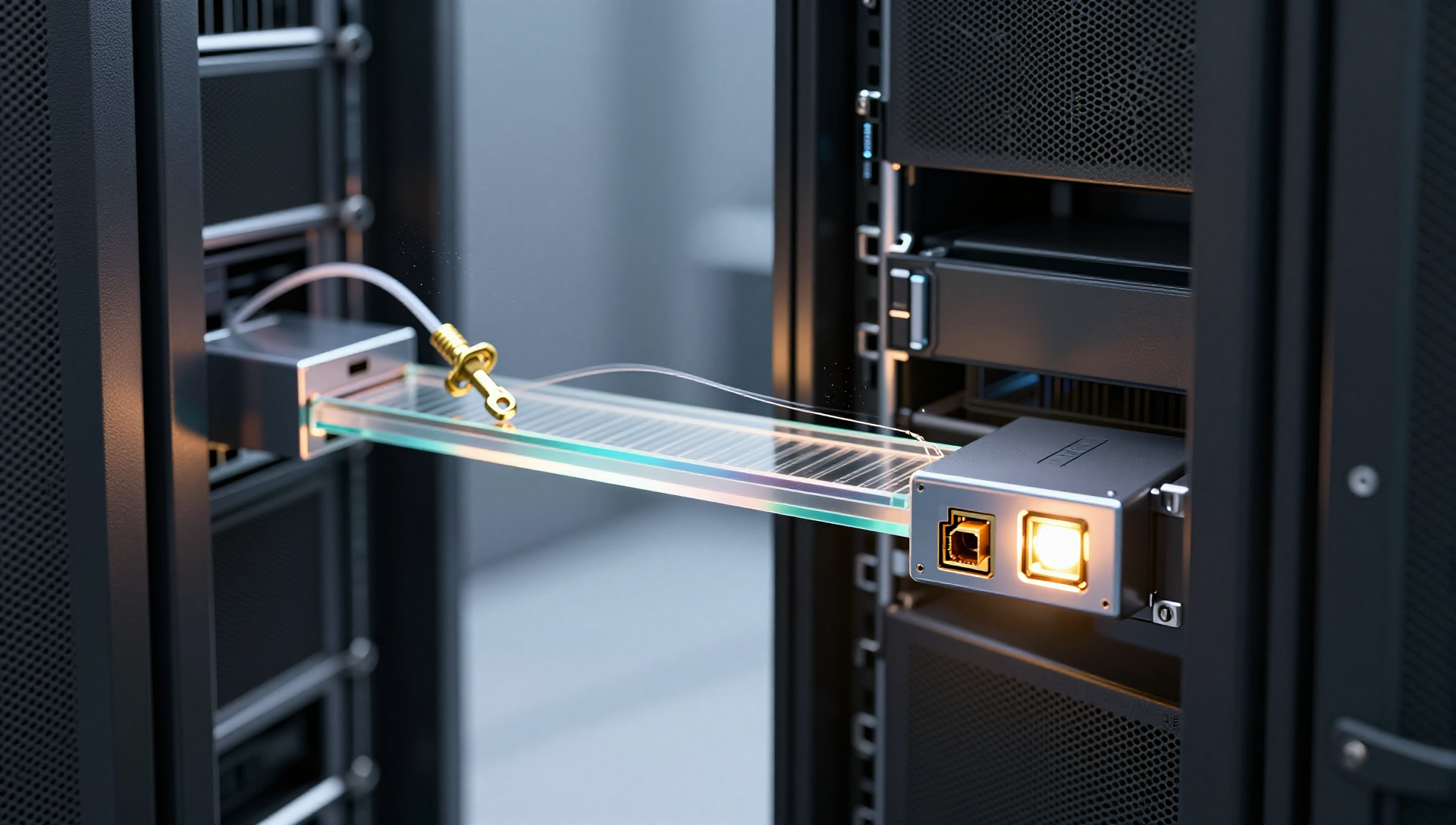 A dark server room with a glowing glass bridge connecting two server nodes.