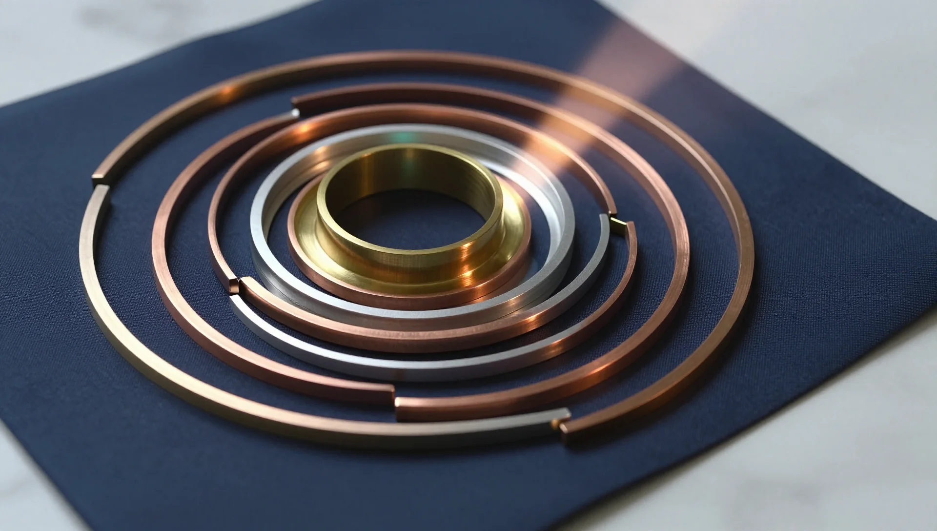 Concentric brass rings expanding outward through an aperture with warm light catching each layer's edge.