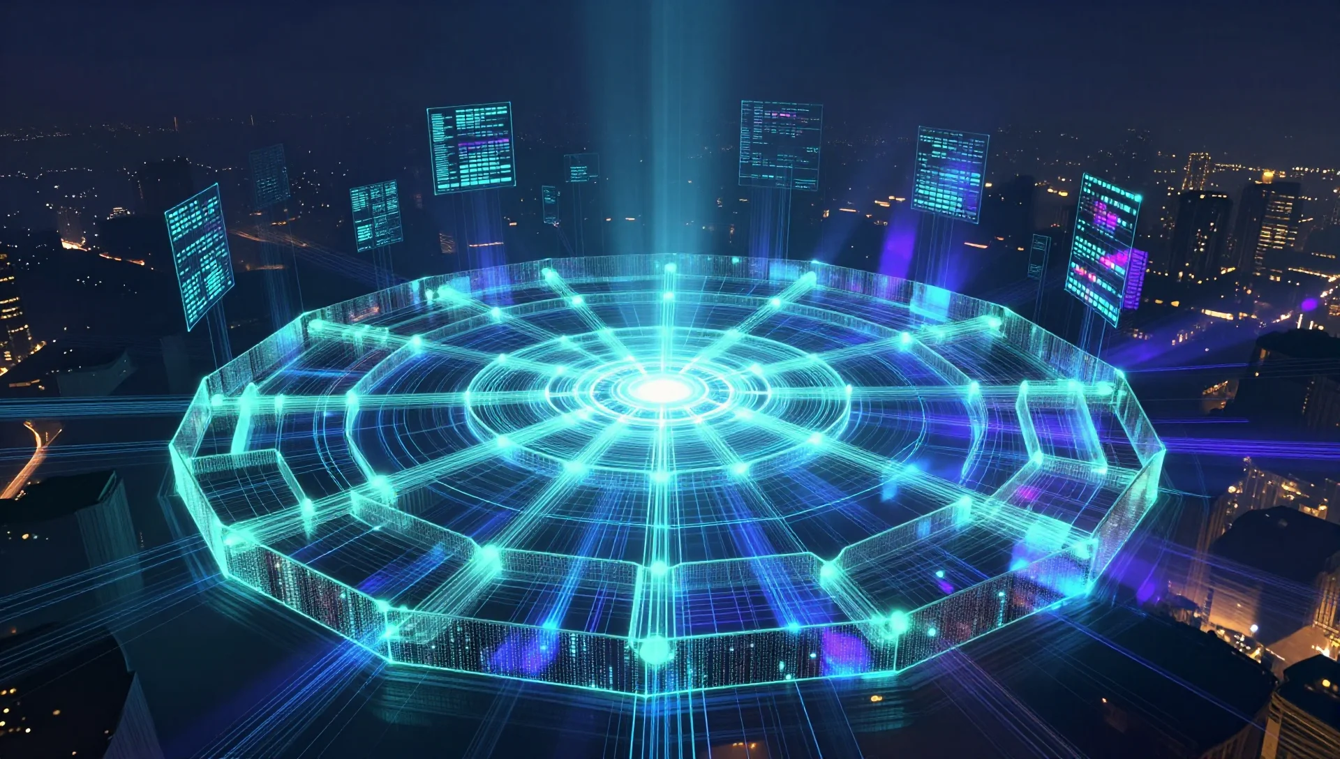 Glowing futuristic network topology with hexagonal zones and flowing data streams