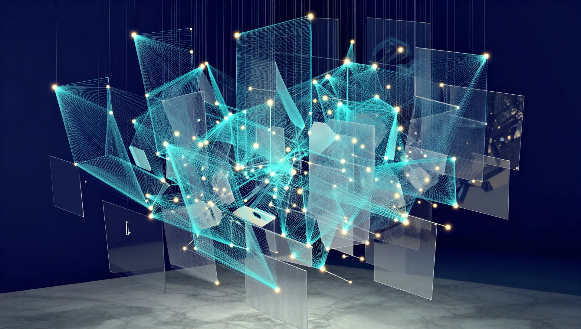A glowing geometric web of luminous threads connecting translucent panels suspended against indigo space.