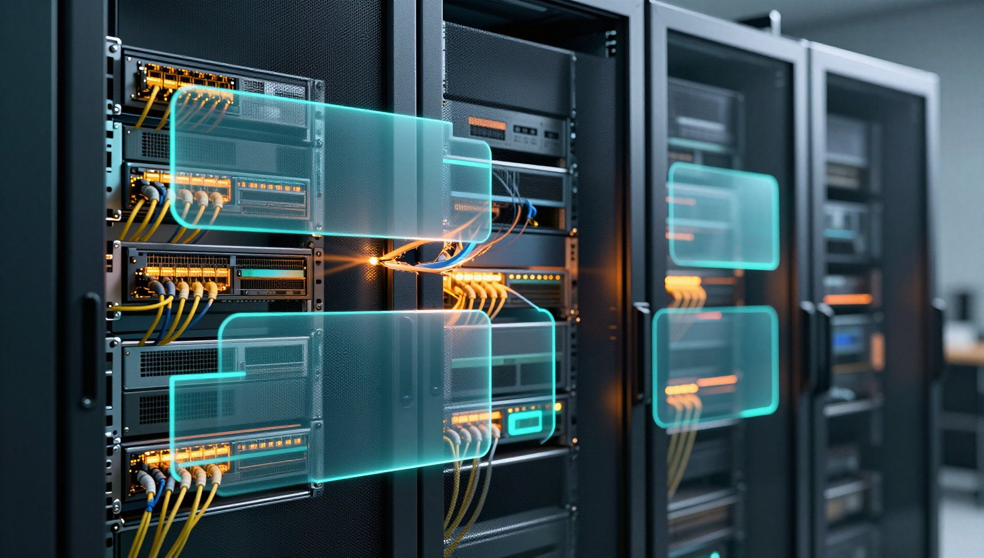 A glowing firewall barrier separates server clusters in a dark server room.