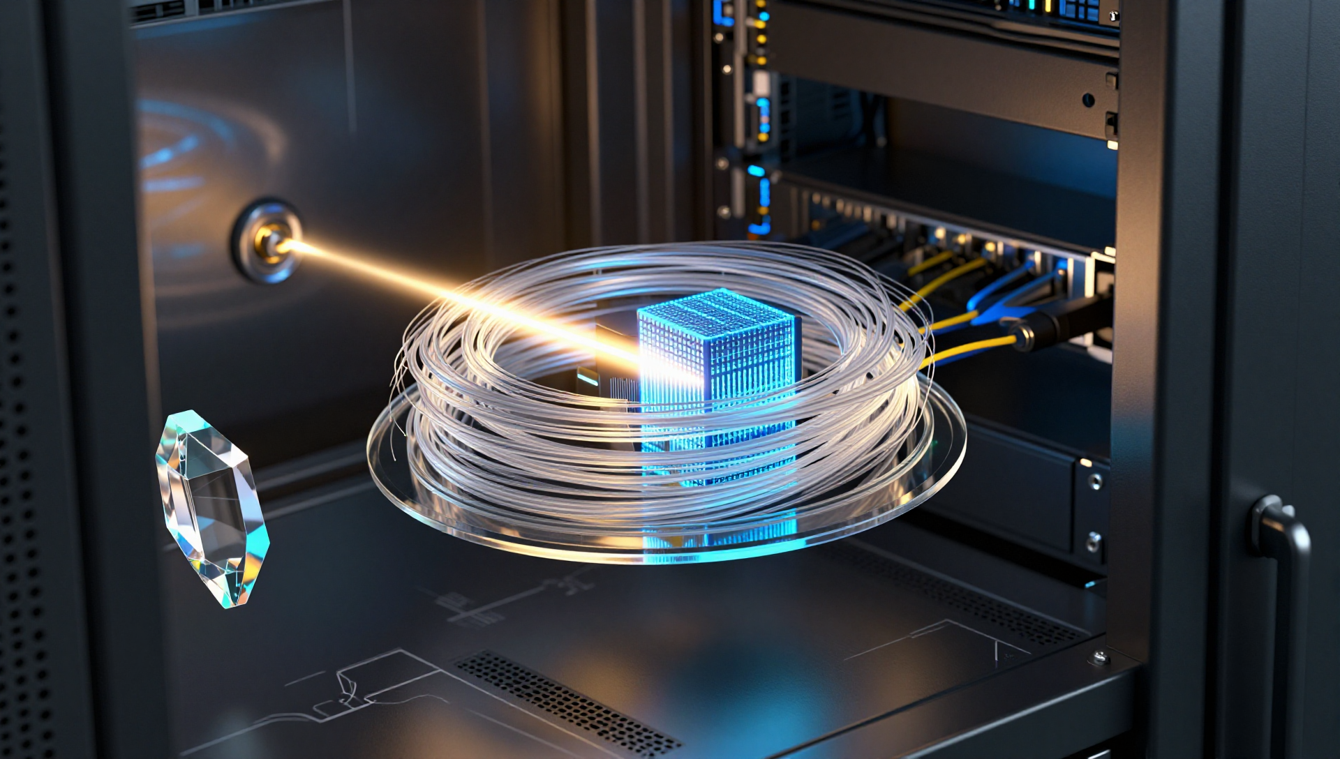 Glass network rings and glowing fiber paths above a server rack, with a crystalline snapshot shard and firewall lattice.