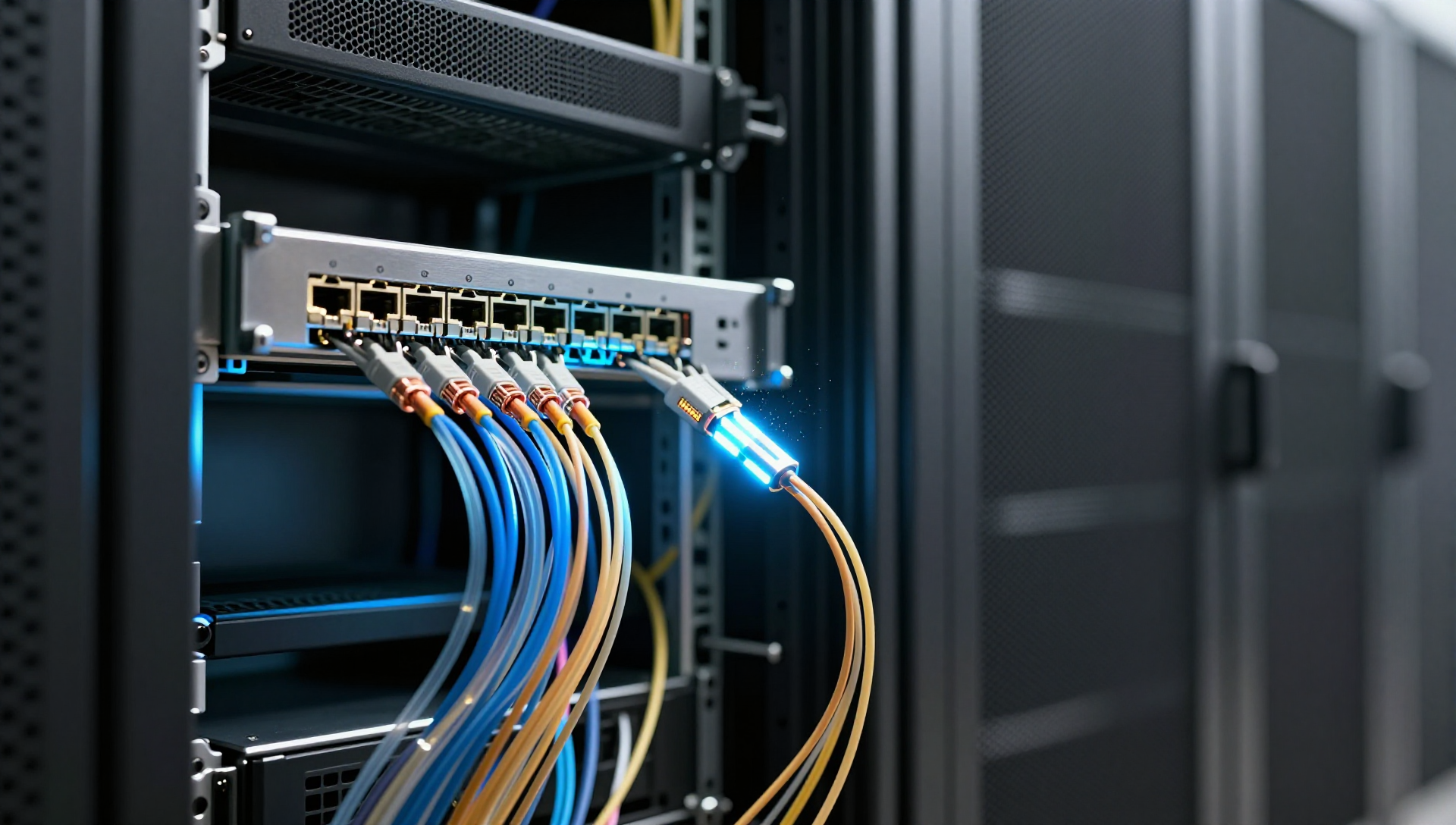 Dark server rack with glowing fiber pathways and metal cable tray in data center aisle.