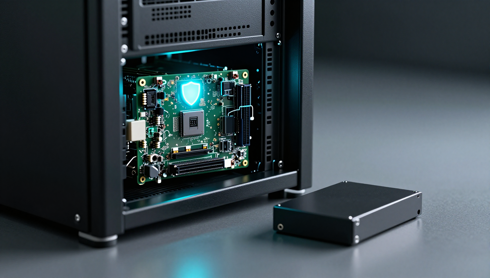 Black server rack with glowing shield light and backup drive in dim data center.