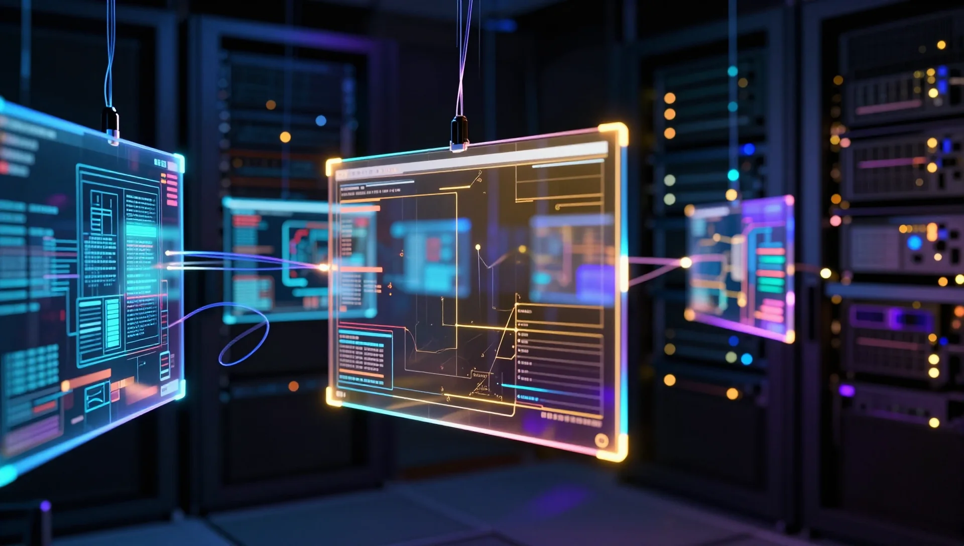 Glowing holographic virtual desktop panels connected by data streams in a dark server room.