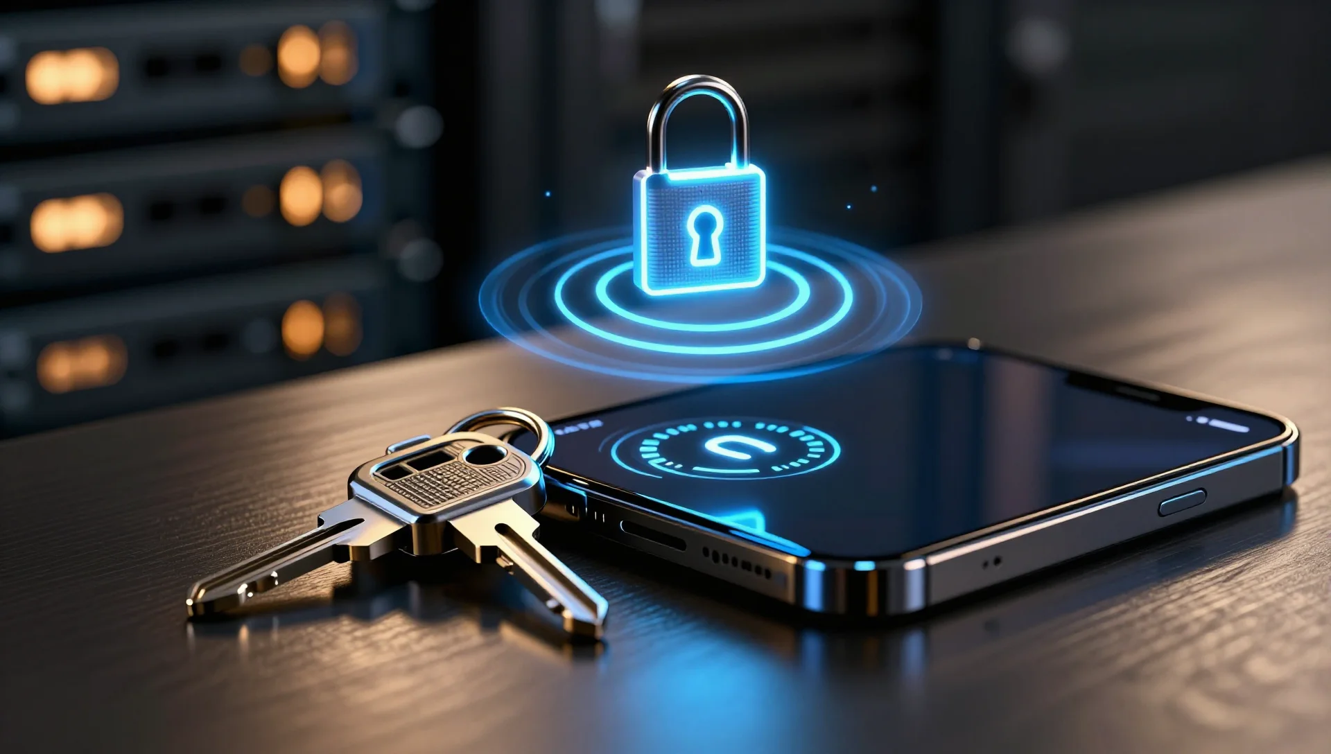 Hardware security key and smartphone with authentication codes in front of server room.