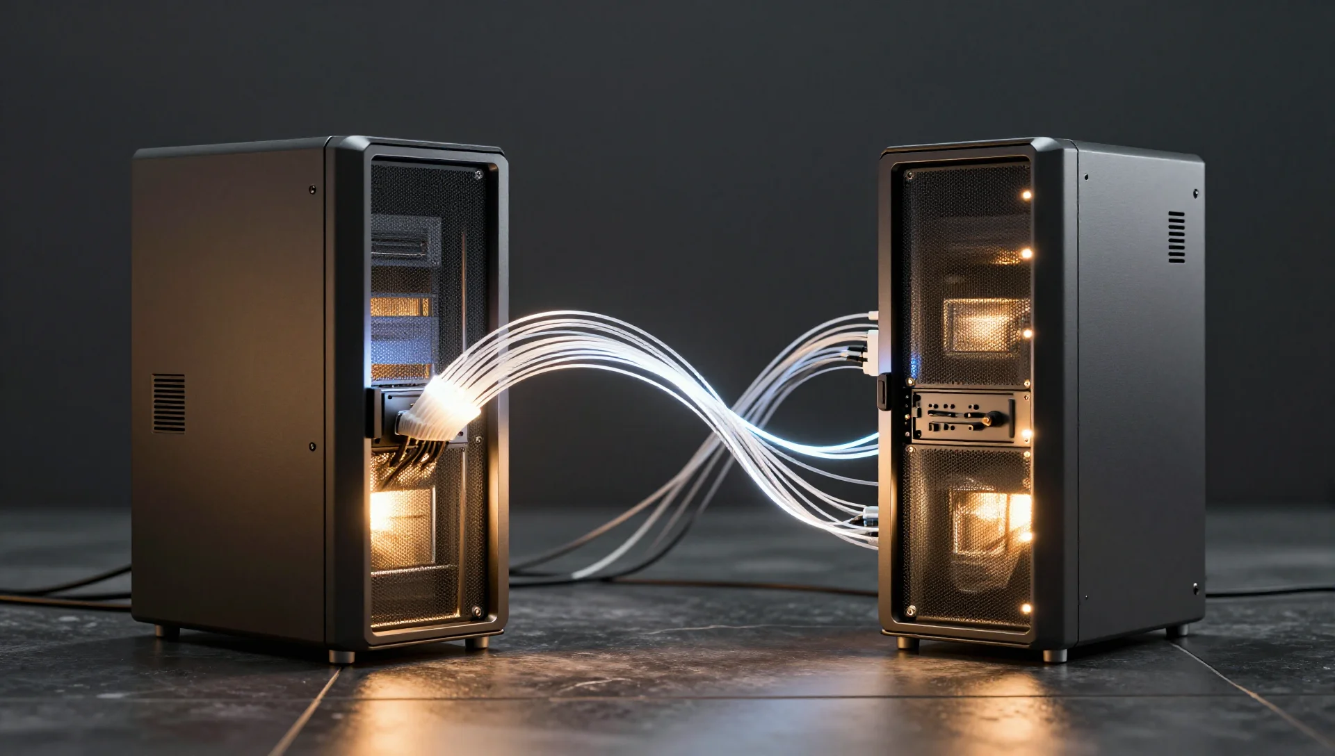 Two servers linked by glowing cables beneath amber lighting on dark stone