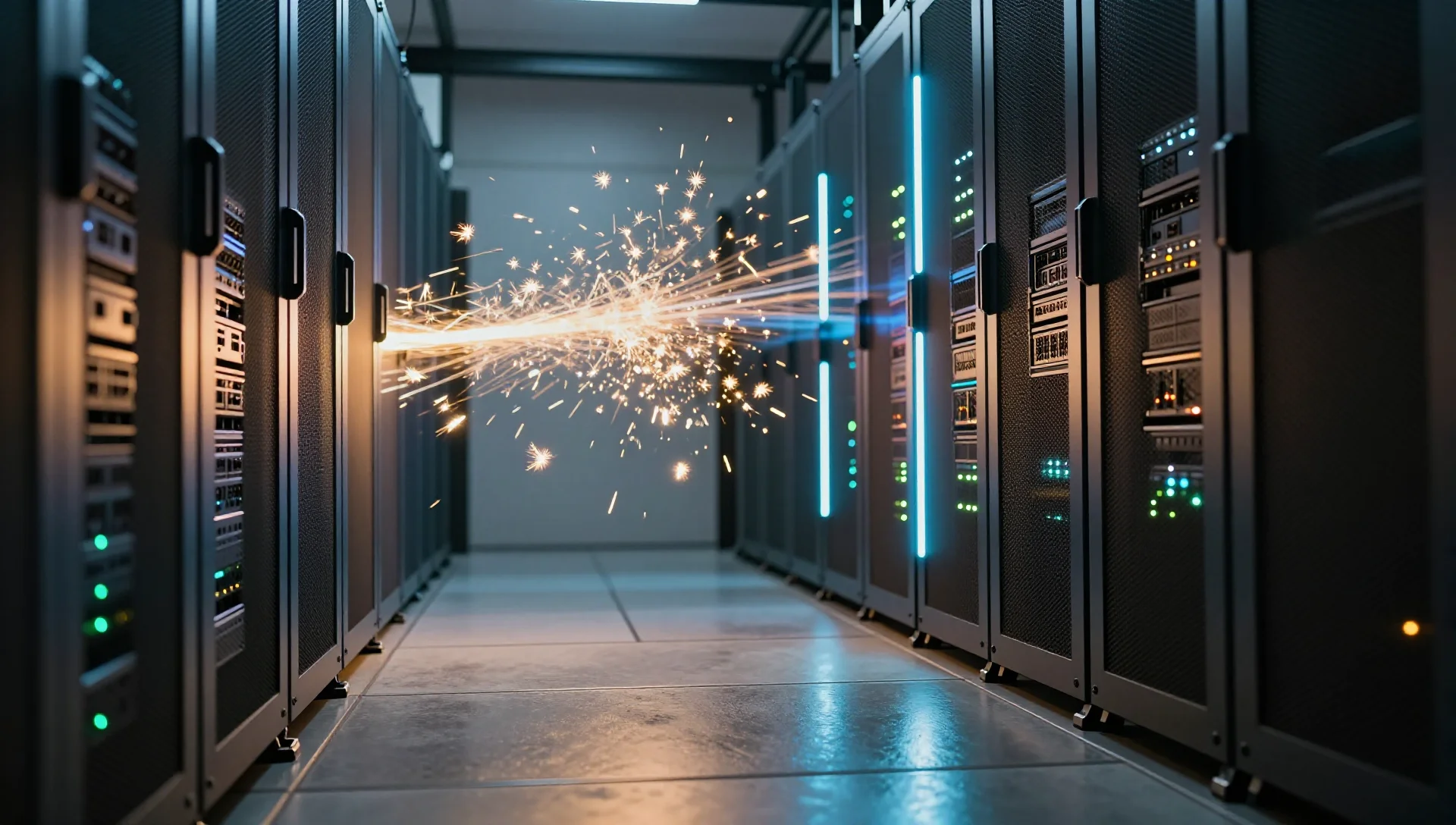 Two server racks connected by a radiant energy beam representing a system upgrade migration
