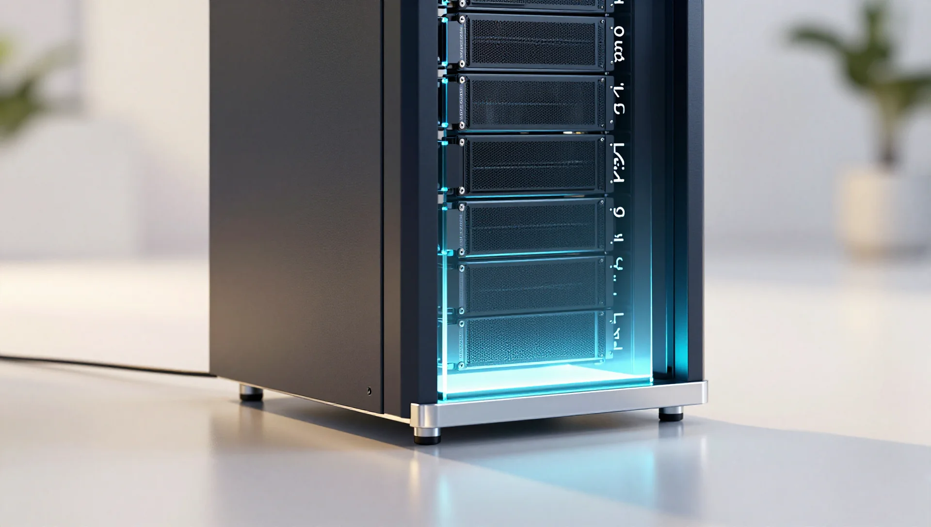 A chrome server rack transitioning into glowing glass, symbolizing a smooth upgrade to the future.