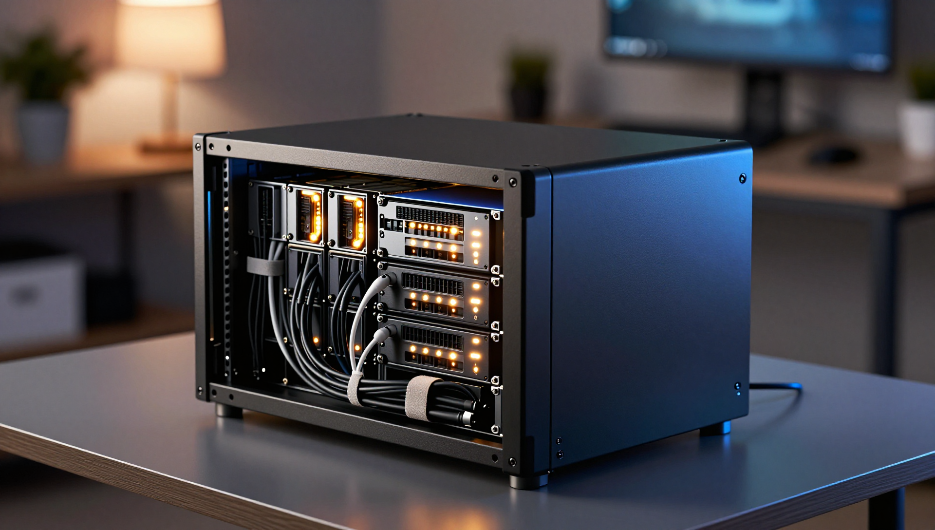A compact homelab server rack with open drive bays, amber status lights, and neat cables in a dim home office.