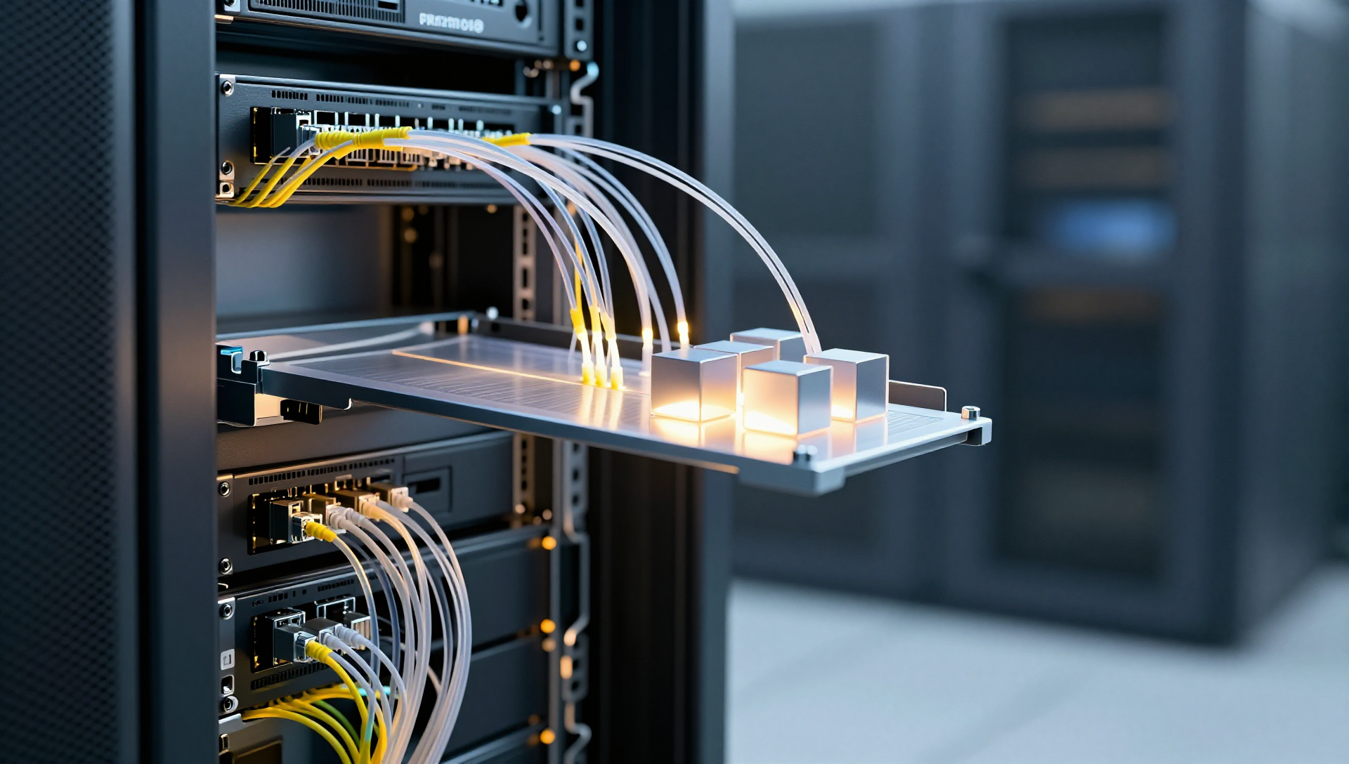 A server rack with glowing cables, VLAN rings, and a shield of light in a data center.