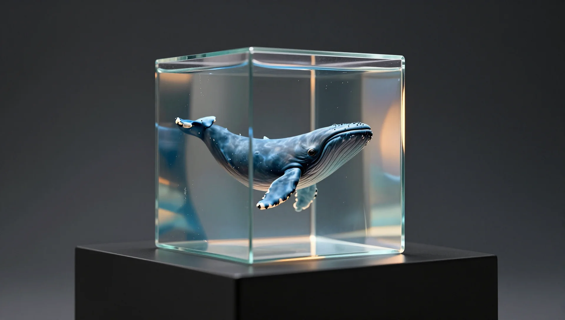 A translucent glass cube with blue liquid and whale silhouette, floating above a black pedestal.
