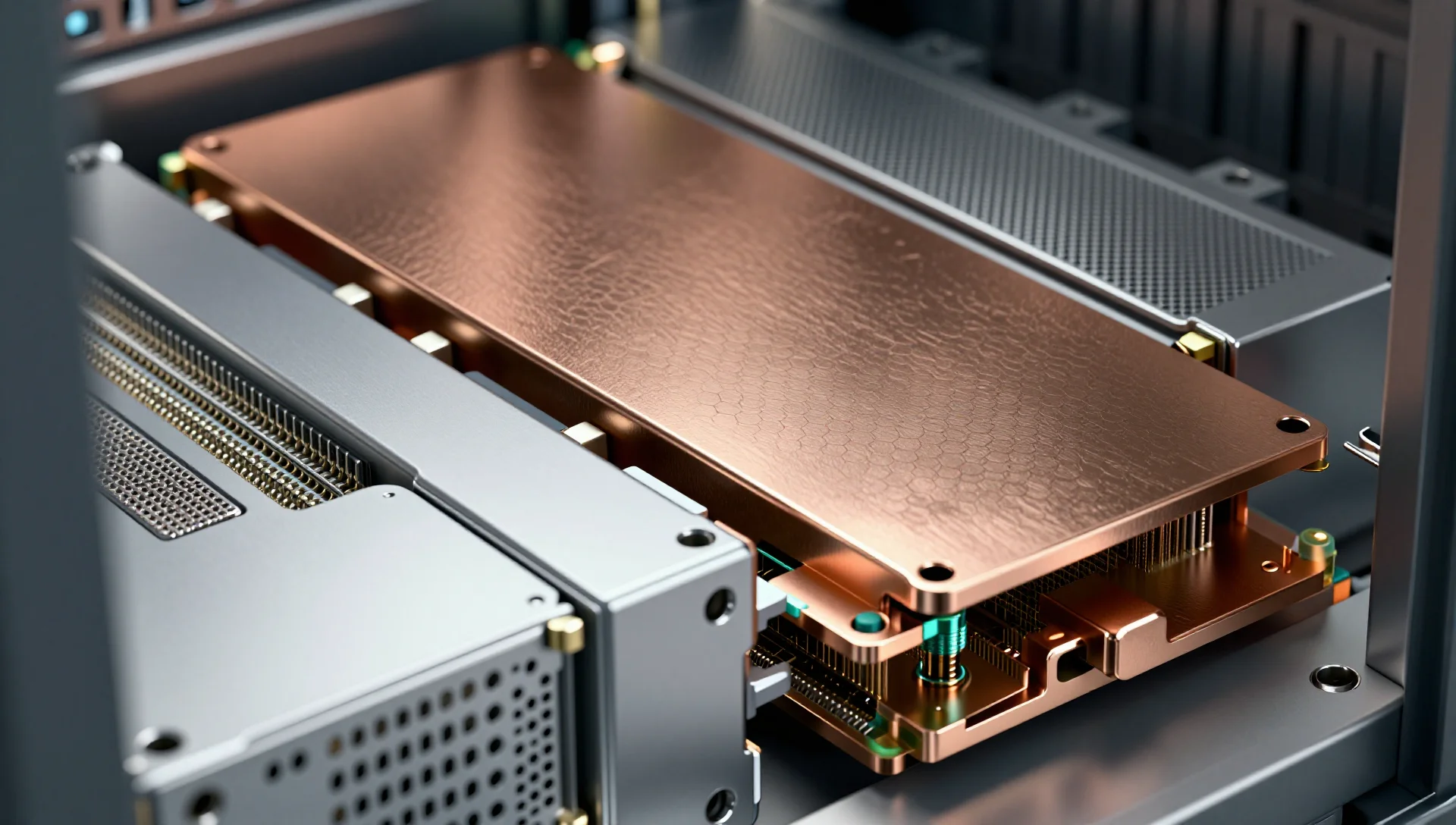 A copper server module interlocking with silver units, symbolizing ARM64 support in a production cluster.