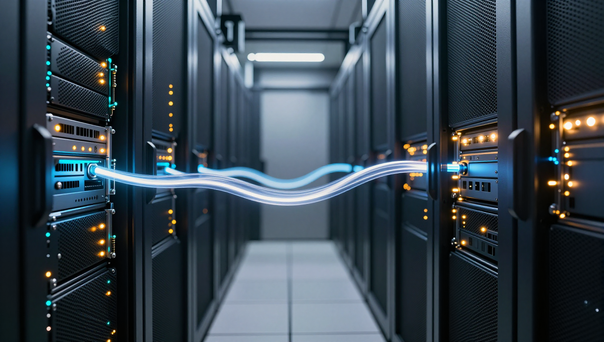 Rows of glowing server racks in a data center with a beam of light flowing between them.