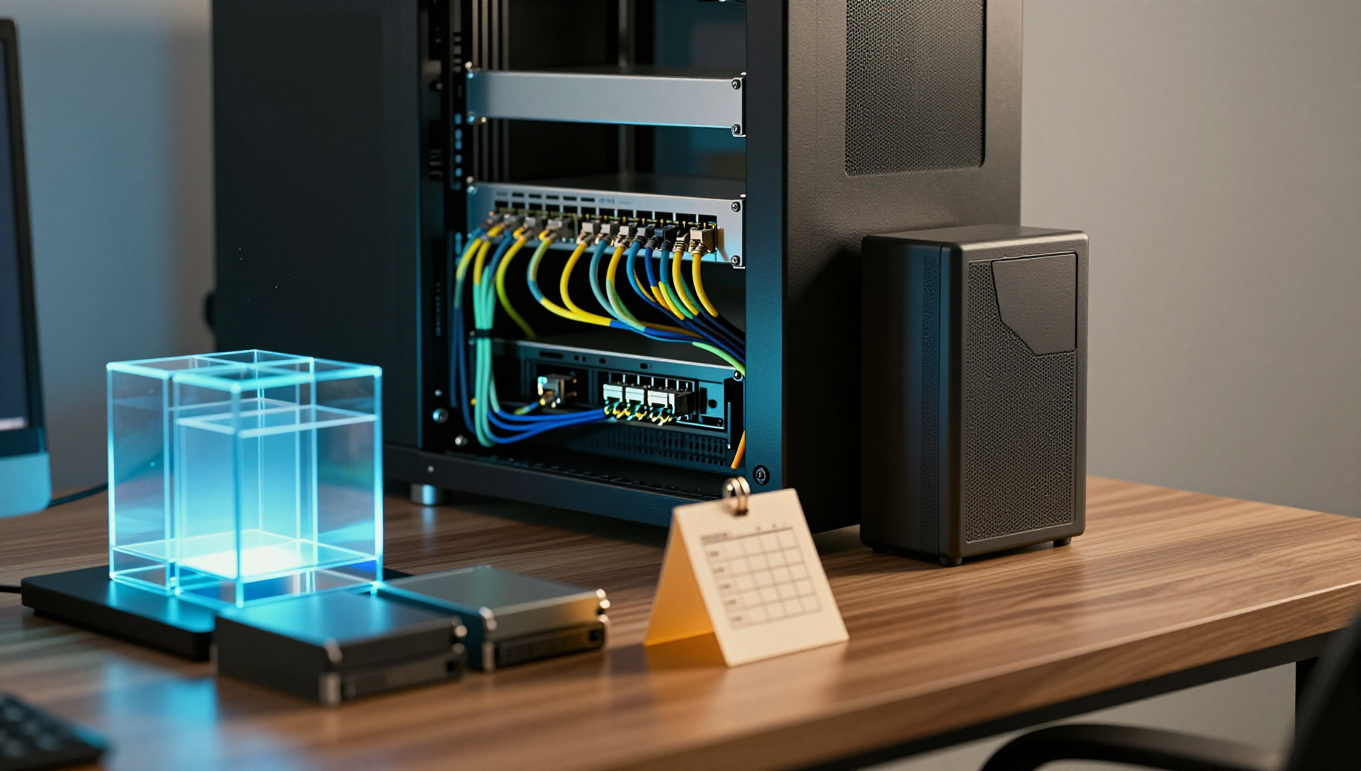 Server rack corner with drives, glass cubes, cables, and translucent cards under cinematic lighting.