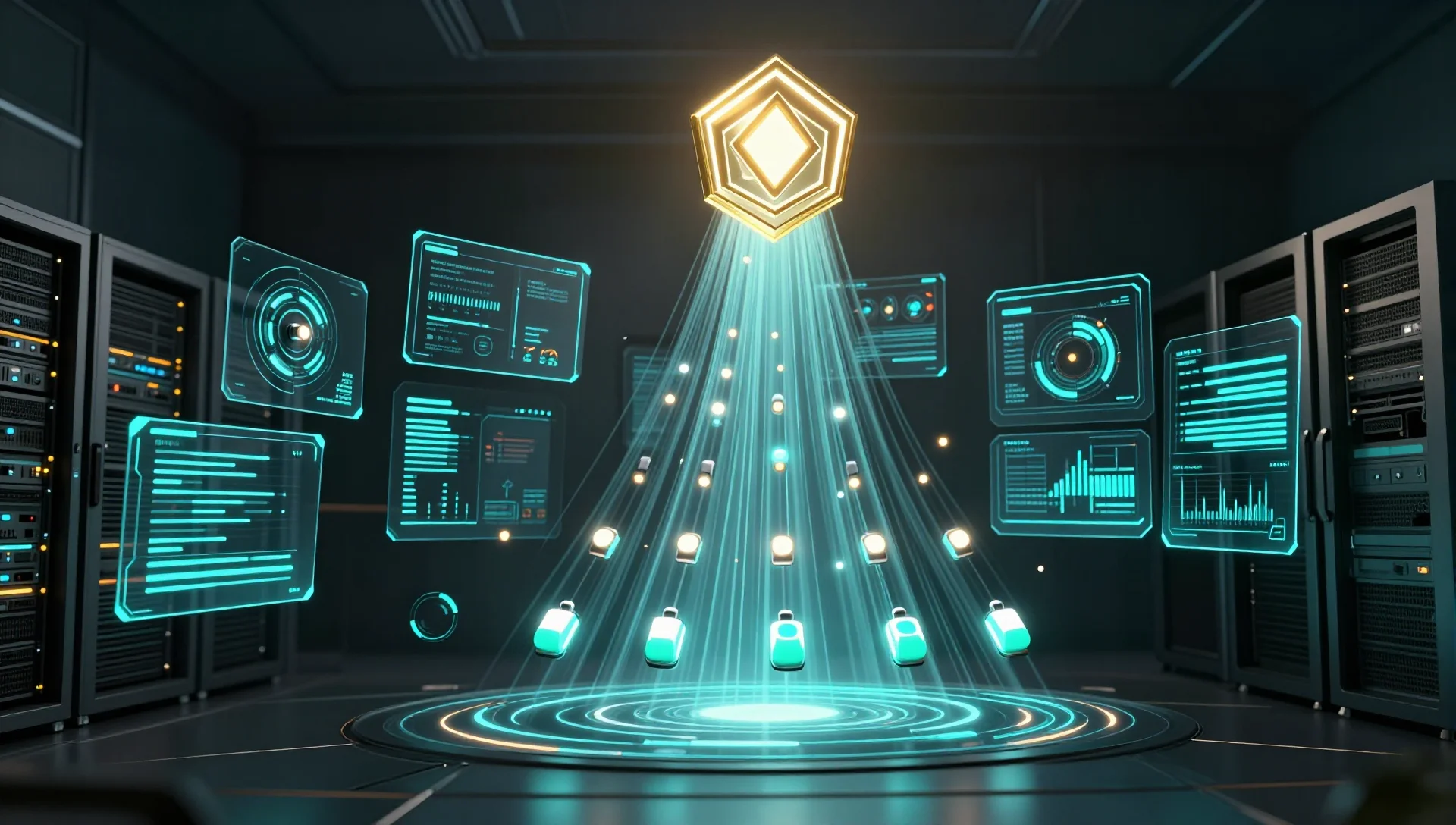 Holographic admin dashboard with glowing feature toggles activating in a dark server room.