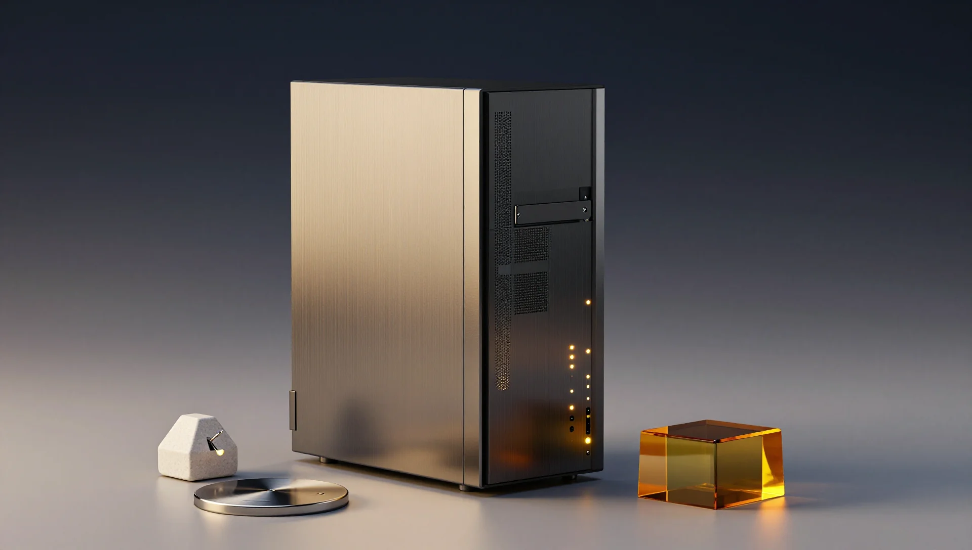 A tall aluminum server tower with glowing indicators and small geometric stone objects arranged at its base