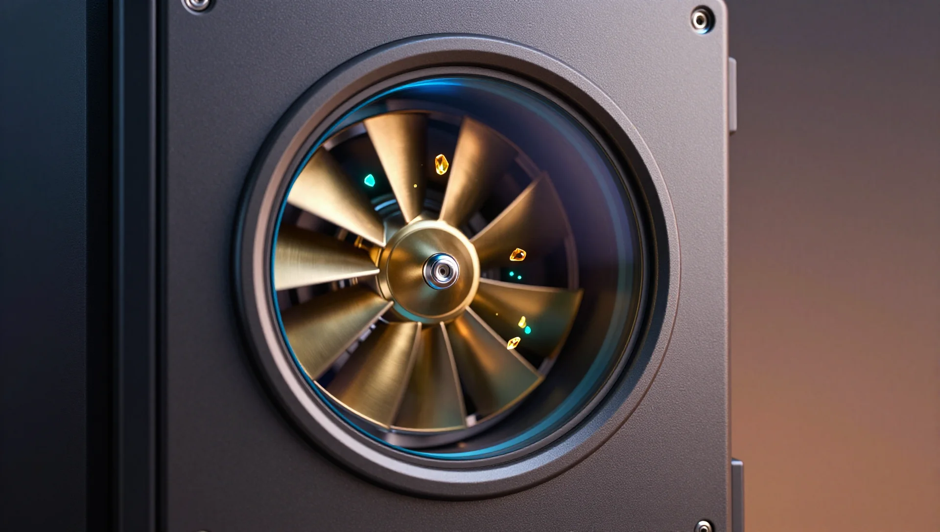 Matte-graphite server with sapphire window showing golden turbine and floating amber shards representing post-upgrade tuning.