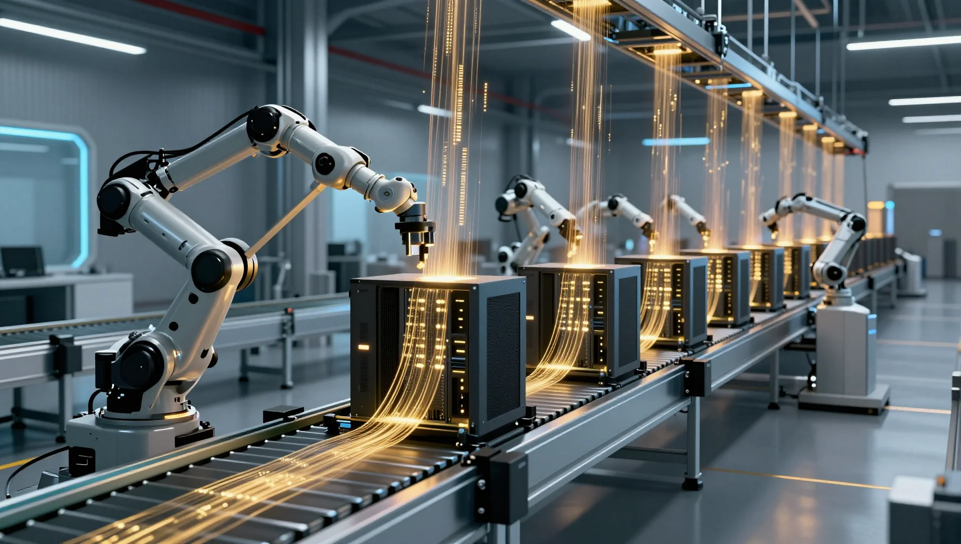 Automated factory conveyor line stamping identical server units with configuration data.