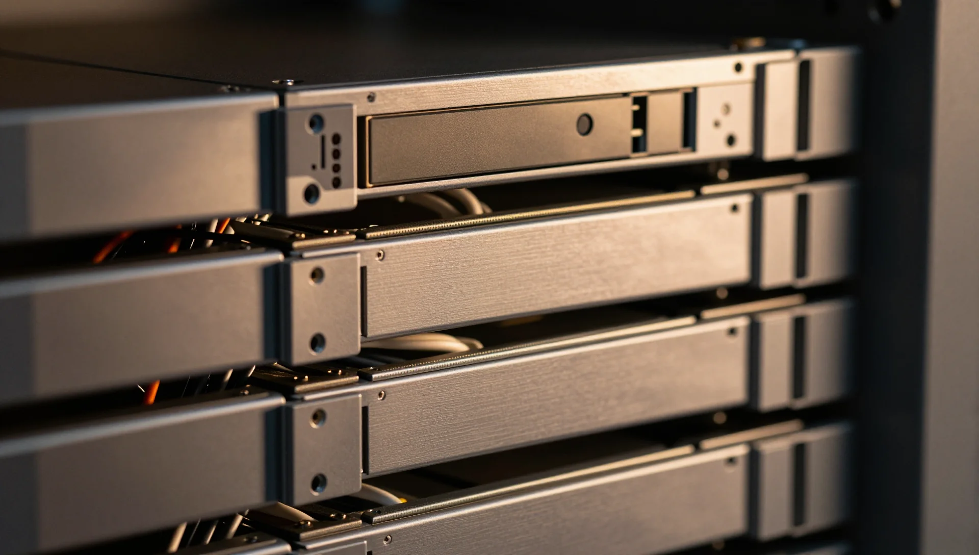 Stacked server blades arranged carefully on dark wood surface.