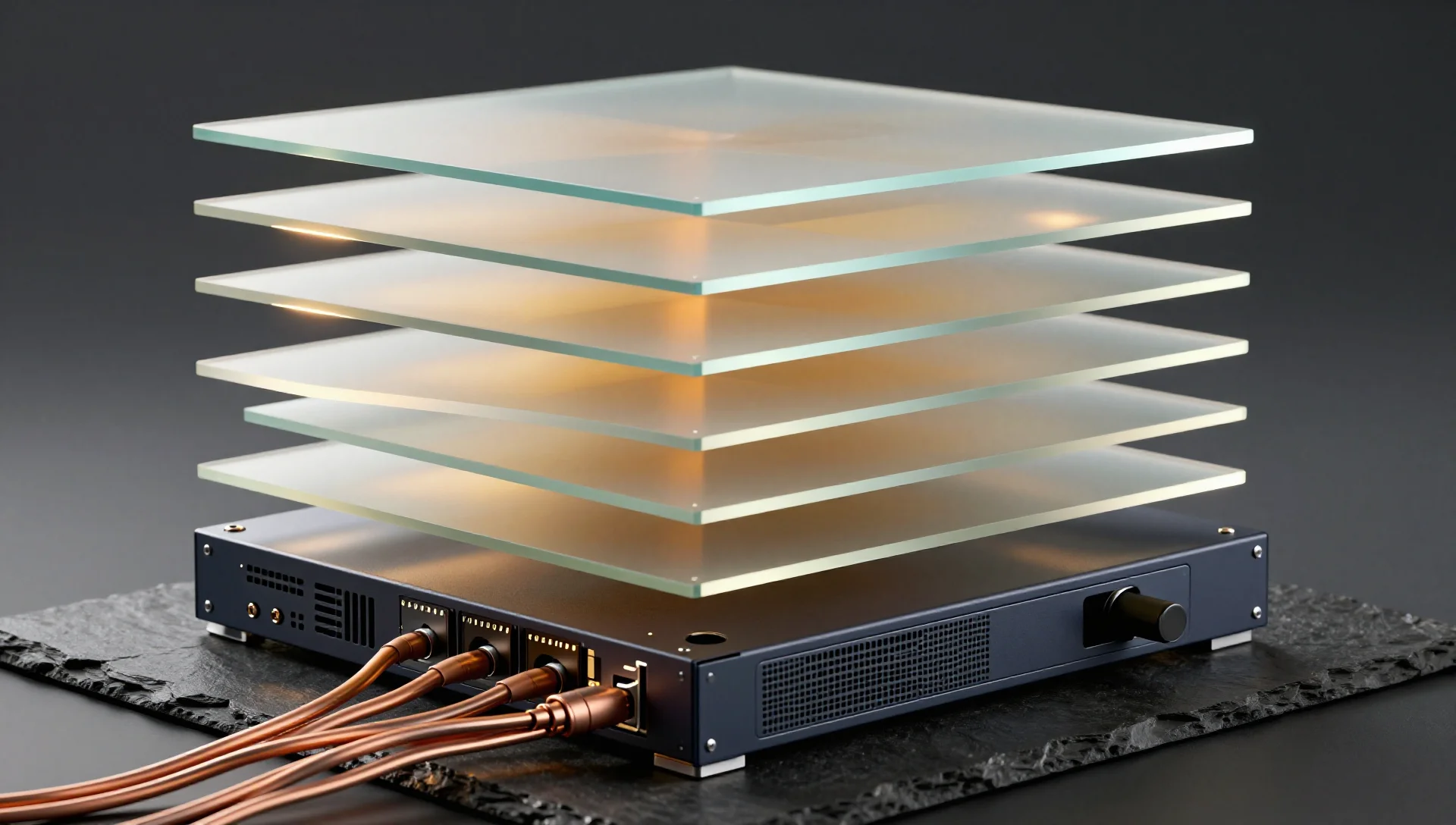 Stacked translucent planes separated by glowing partitions representing network segmentation