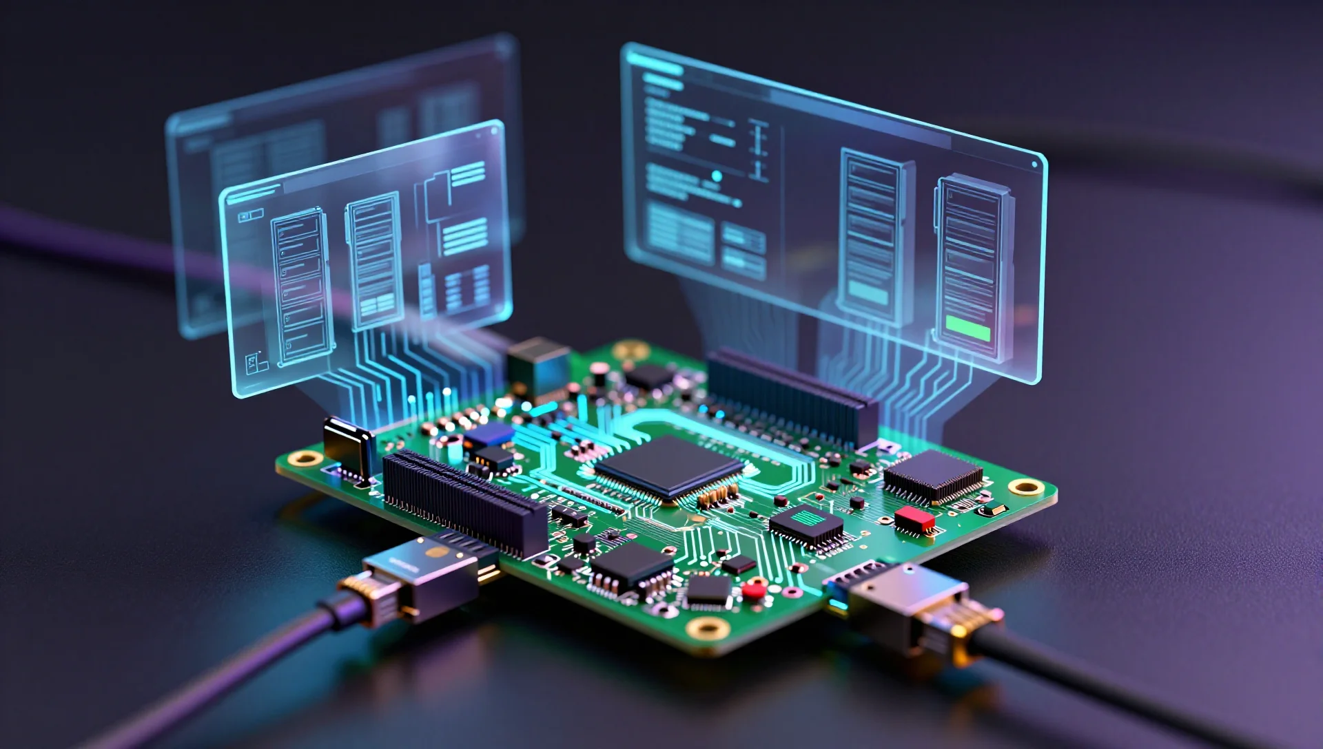 Raspberry Pi 5 board with glowing holographic virtual machine interfaces floating above it