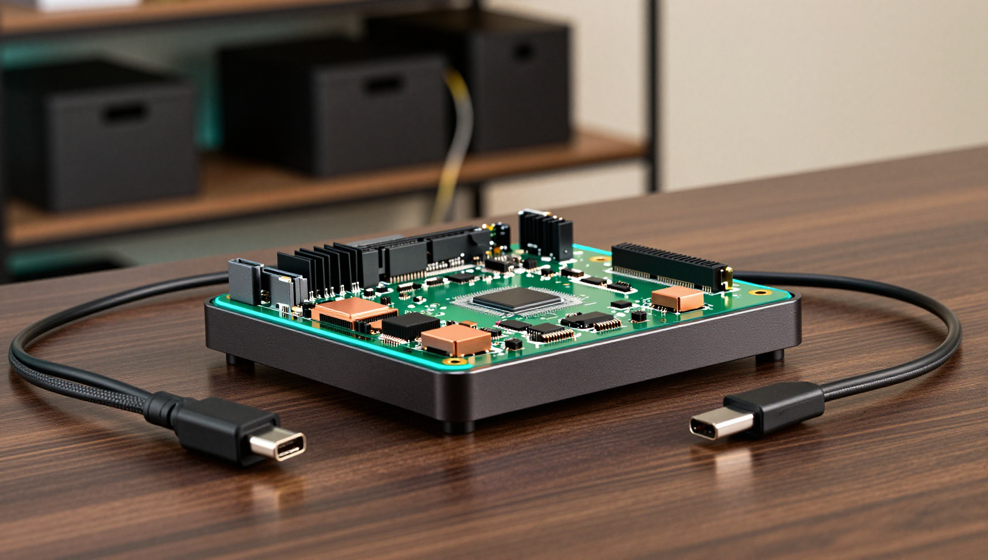 A compact Raspberry Pi board in a black aluminum case on a walnut desk with soft cyan lighting.