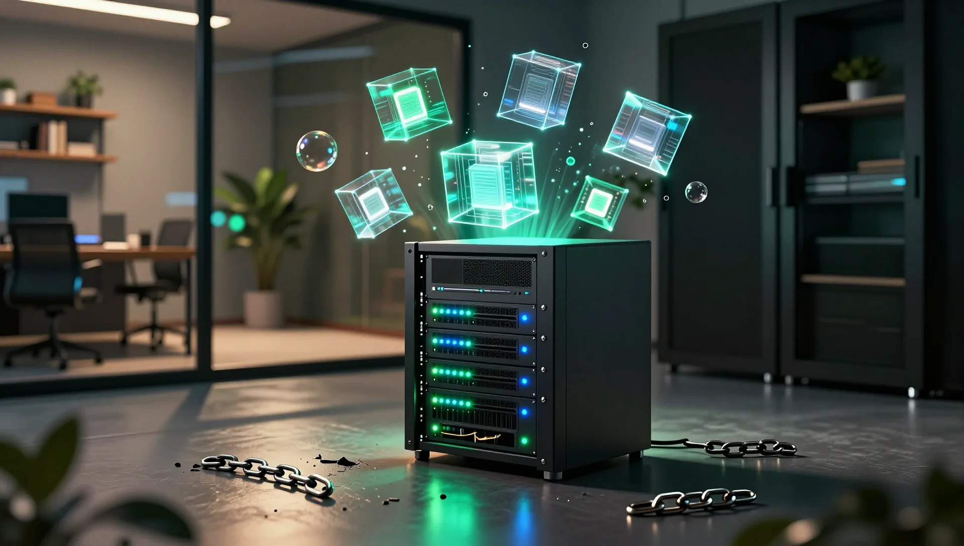 Glowing virtual machine cubes floating above a small business server rack with broken chains on the floor.