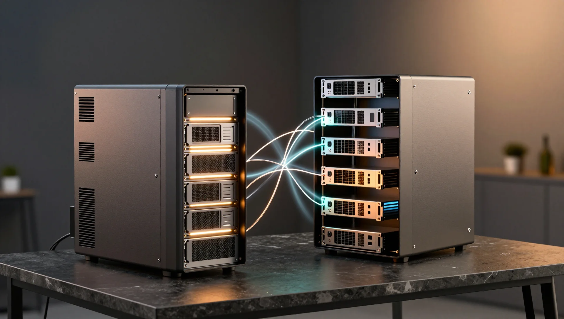 Two sleek servers connected by glowing light arcs between them against a dark stone surface.