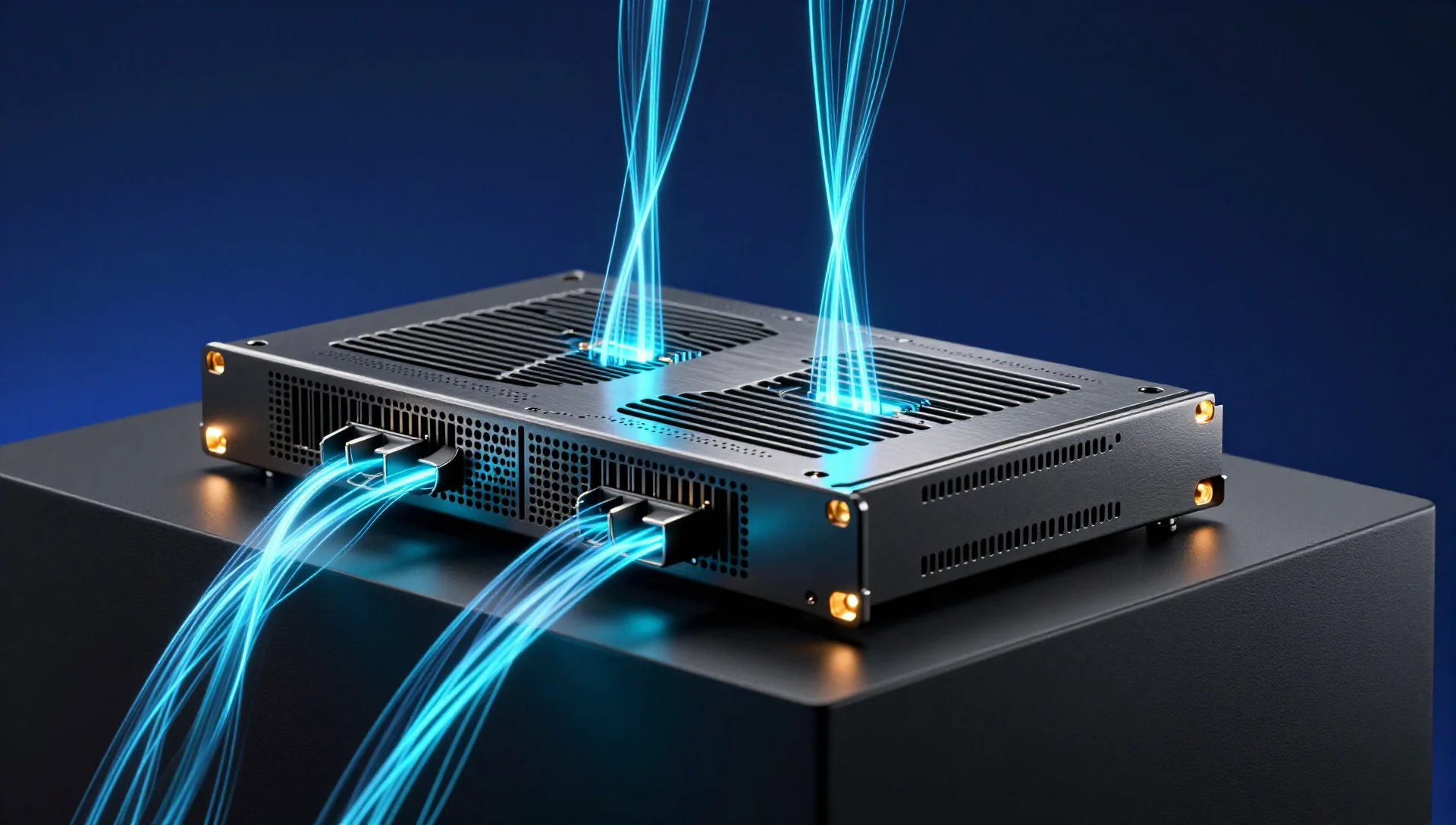 Server blade with glowing data streams on dark plinth
