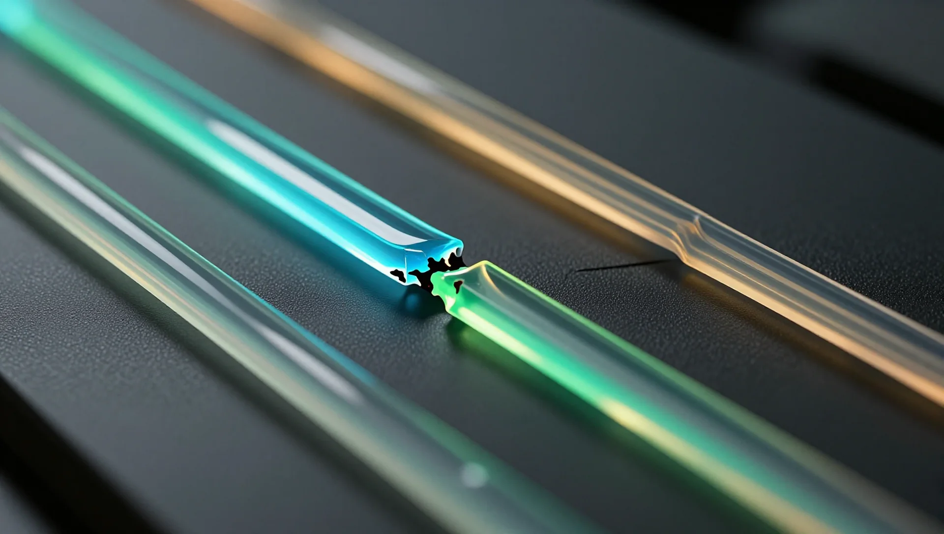 Glowing colored liquids flow through separate channels on a dark surface, blocked by a barrier.