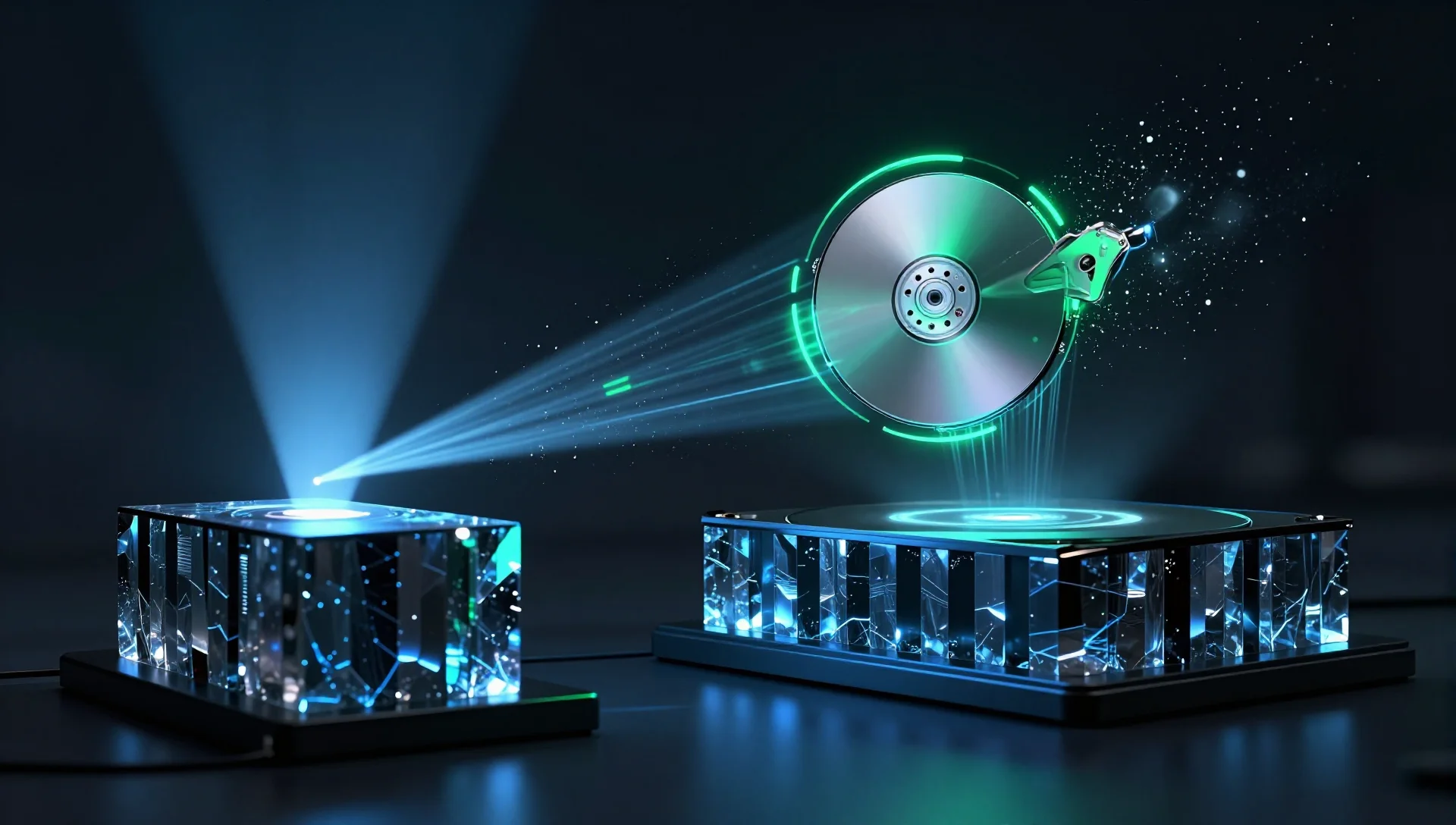 Glowing virtual disk migrating through light beam between two storage pool structures.