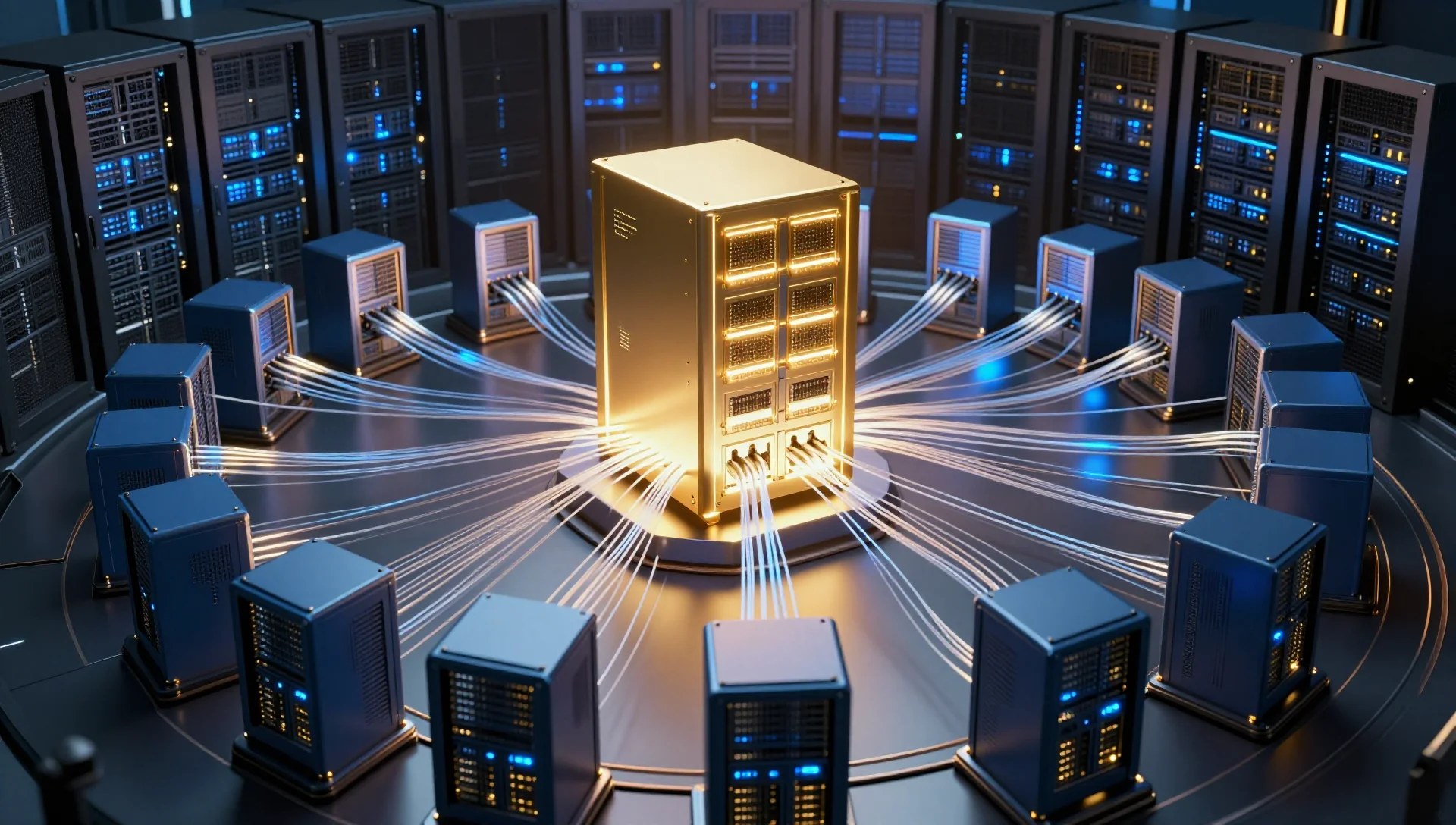 Glowing server template surrounded by identical cloned server nodes connected by luminous lines