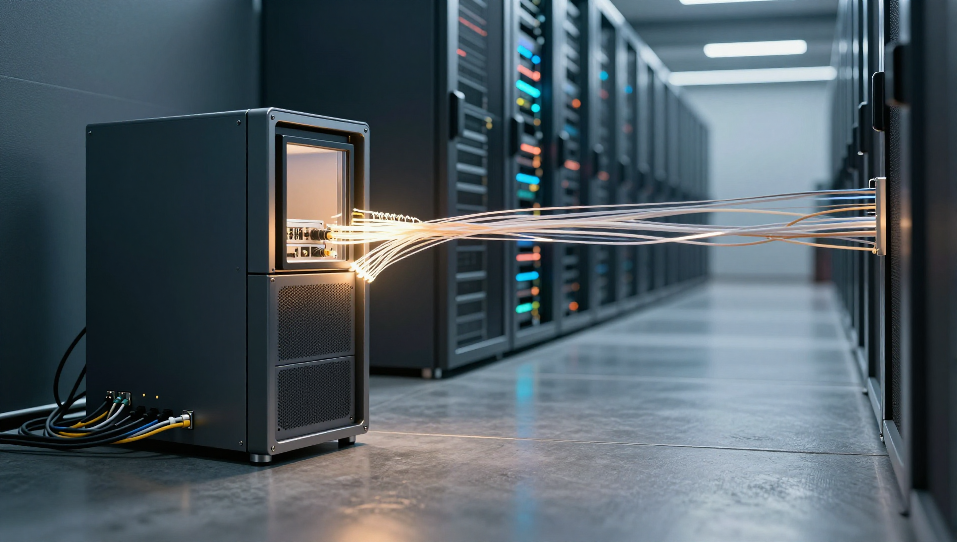 A homelab server stack and enterprise datacenter aisle connected by glowing fiber-optic light.