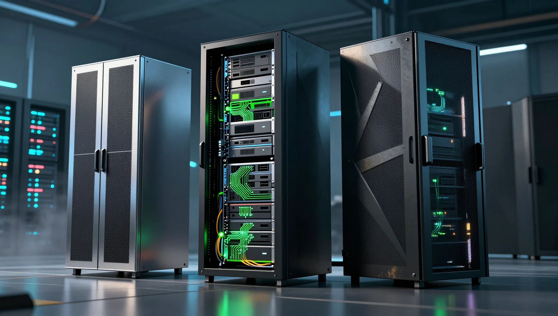Three distinct server rack towers compared side by side in a dramatic data center setting.