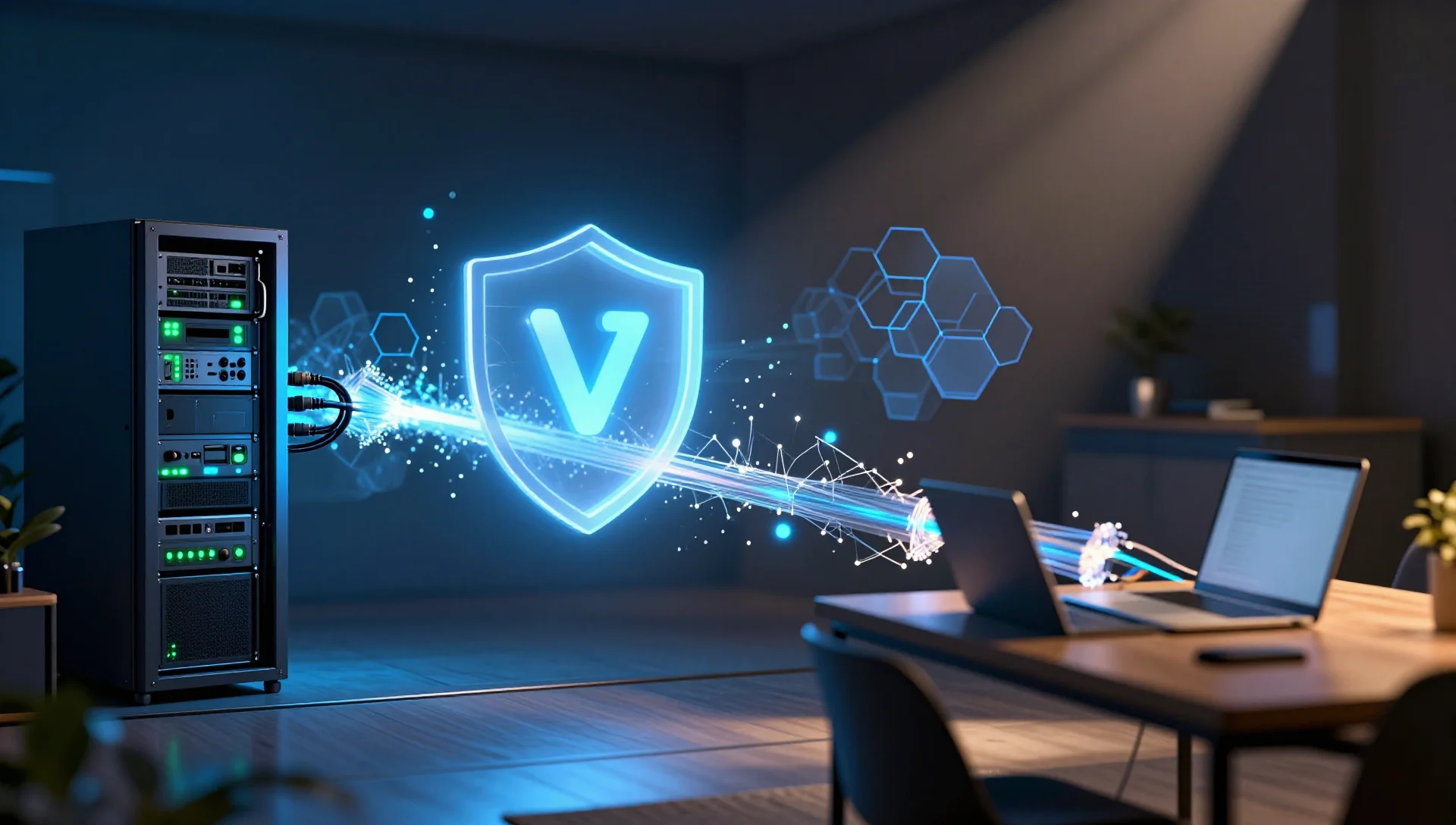 Glowing encrypted VPN tunnel connecting a home server rack to a remote laptop securely.