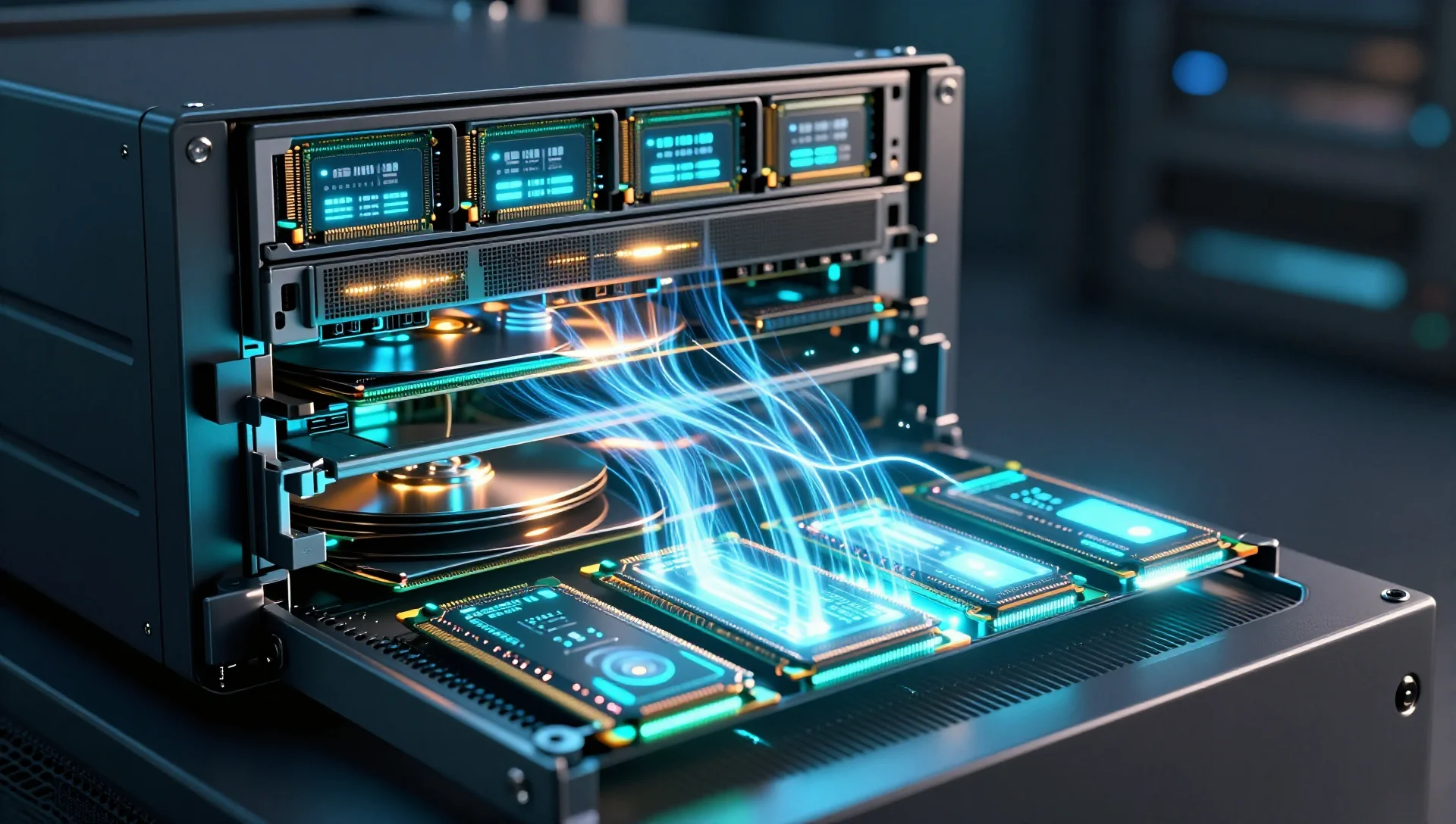Layered NVMe SSDs and hard drives glowing with blue and amber light in a dark server rack, visualizing ZFS storage tiers.