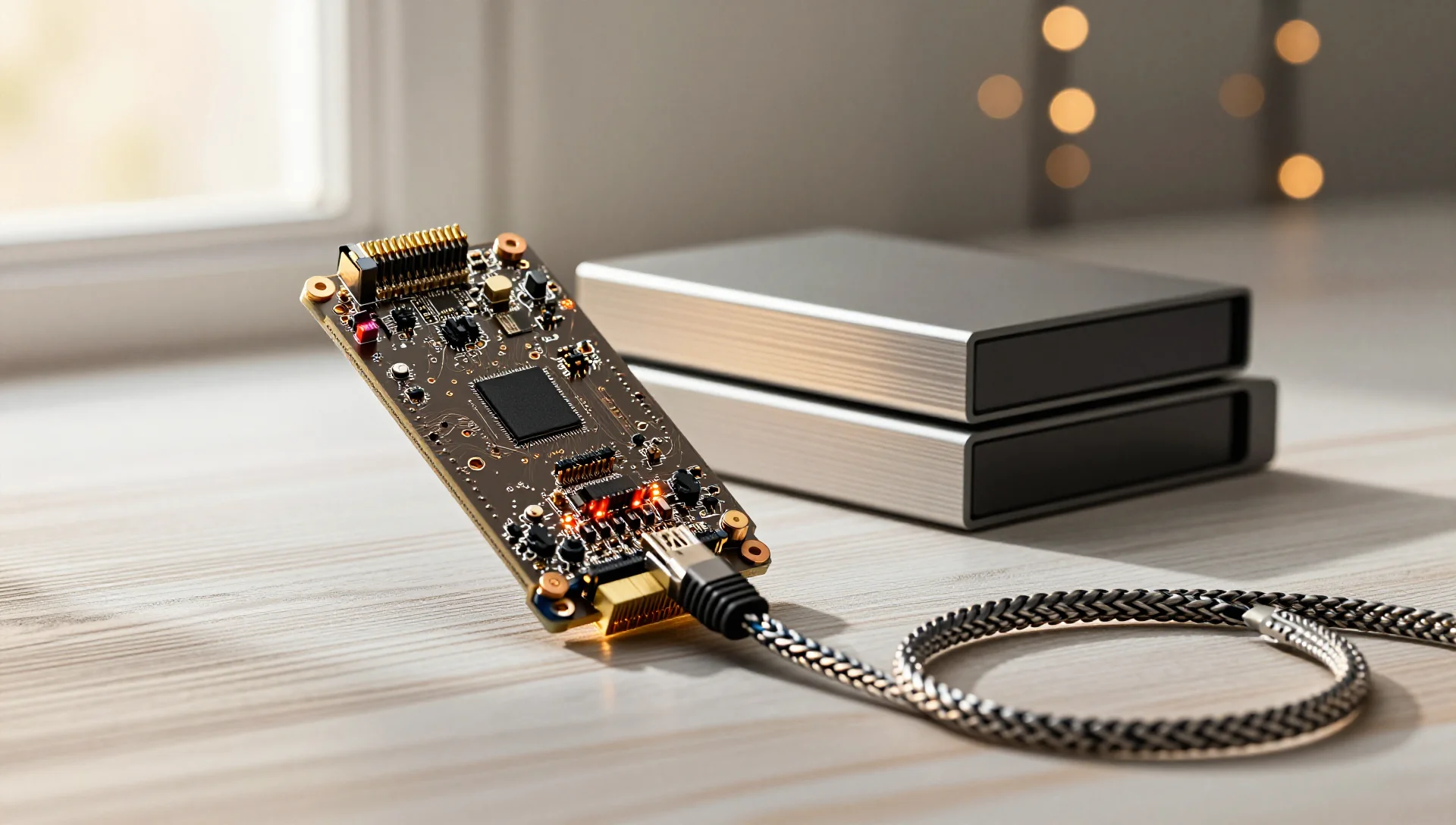 Raspberry Pi 5 board on white oak with stacked aluminum storage drives and braided network cable under warm amber window light