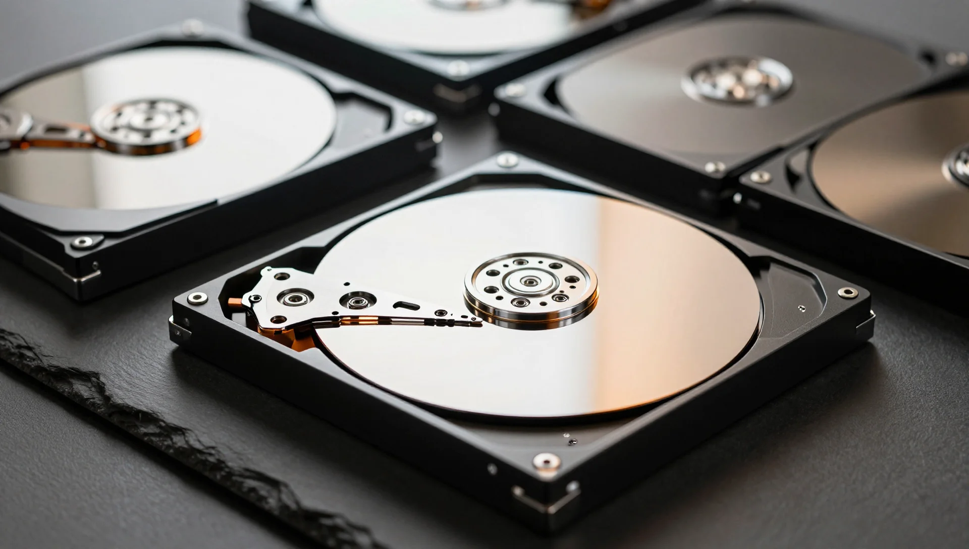 A polished chrome hard drive separated from four others in neat rows under warm studio light.