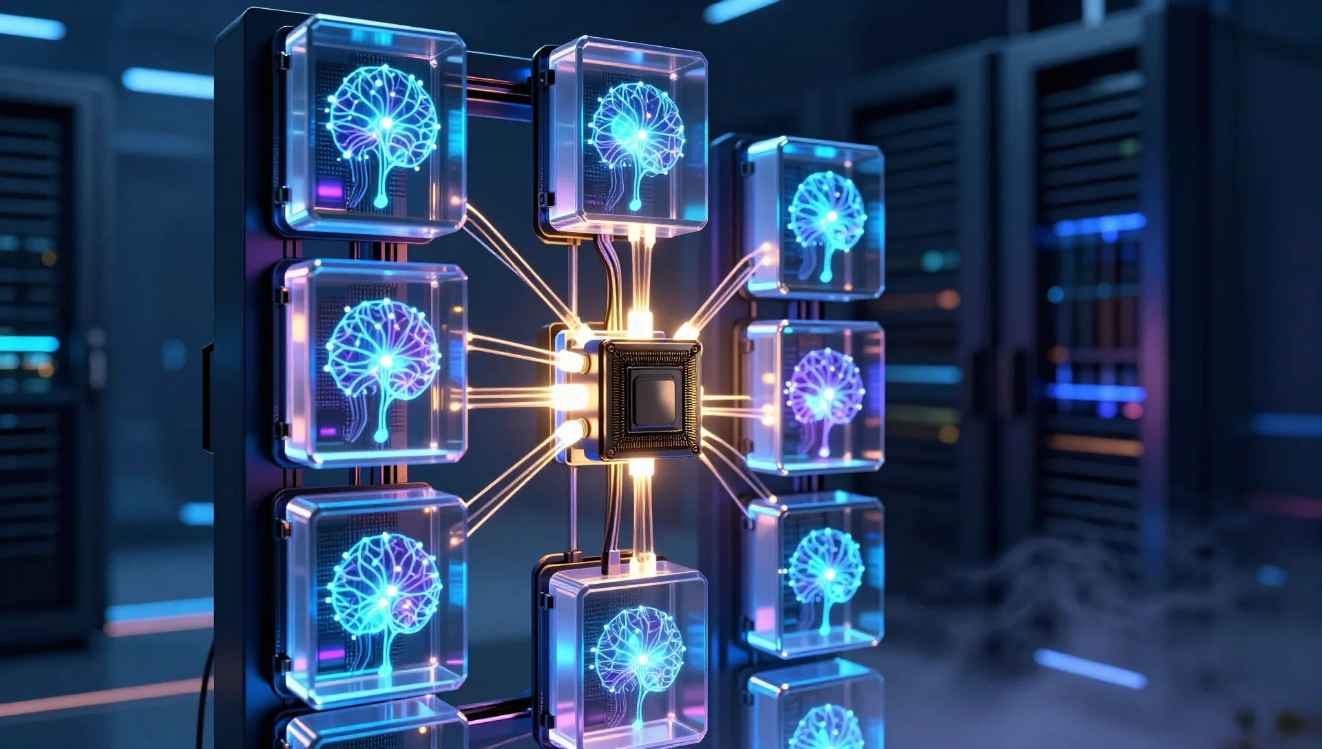 Multiple glowing AI neural network containers connected to a central GPU unit in a dark server room.