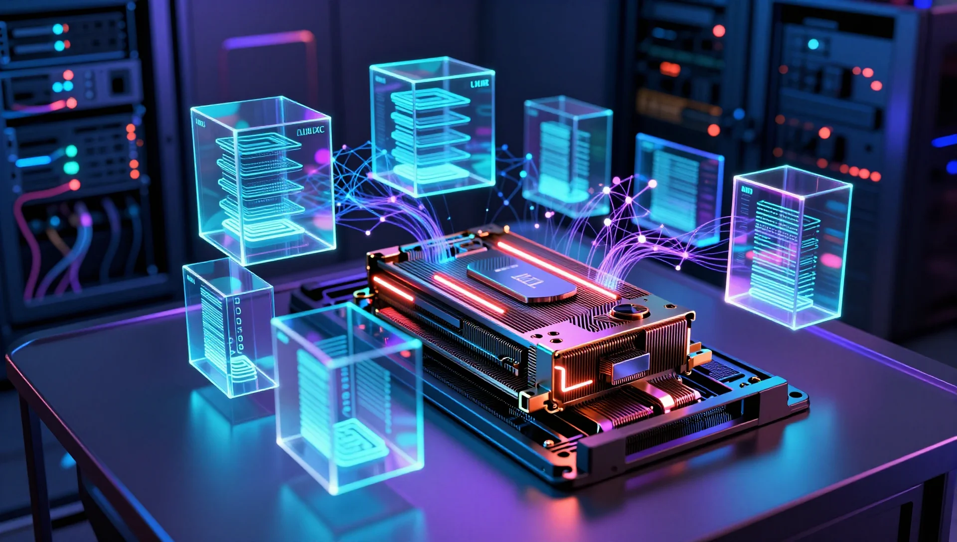Glowing AMD GPU inside a server rack surrounded by floating holographic LXC containers and neural network data streams.