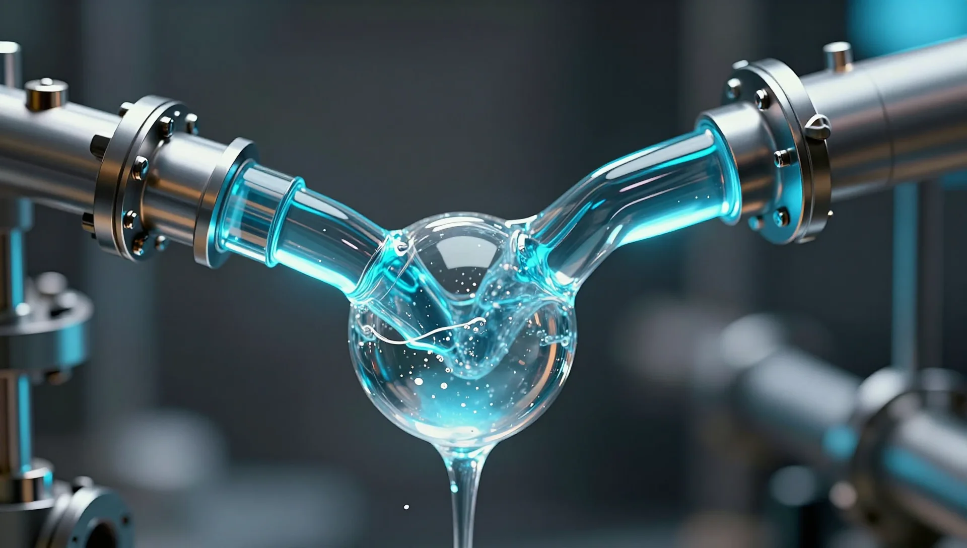 Two polished metallic tubes carrying light merge into a glass sphere, representing data redundancy.