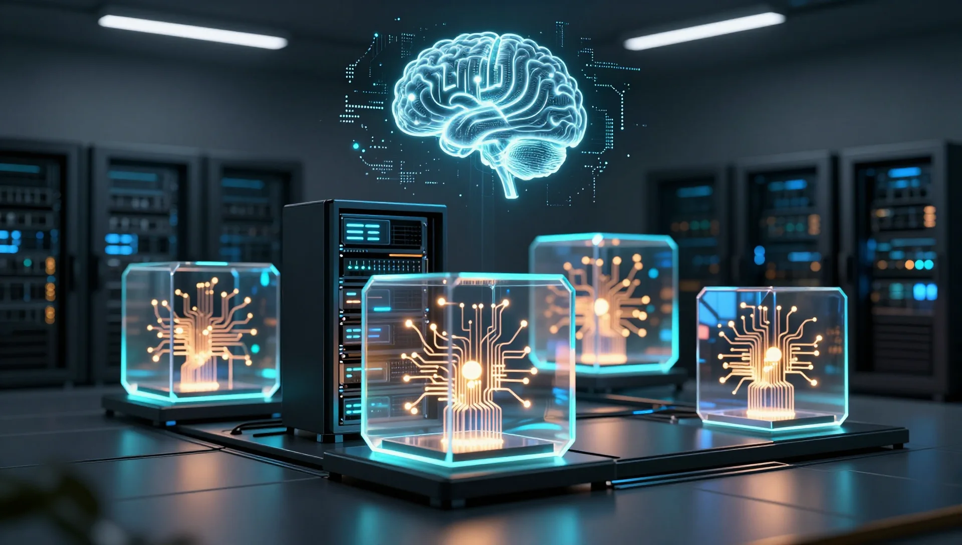 Glowing server rack with floating containerized AI neural network visualization in a dark room.