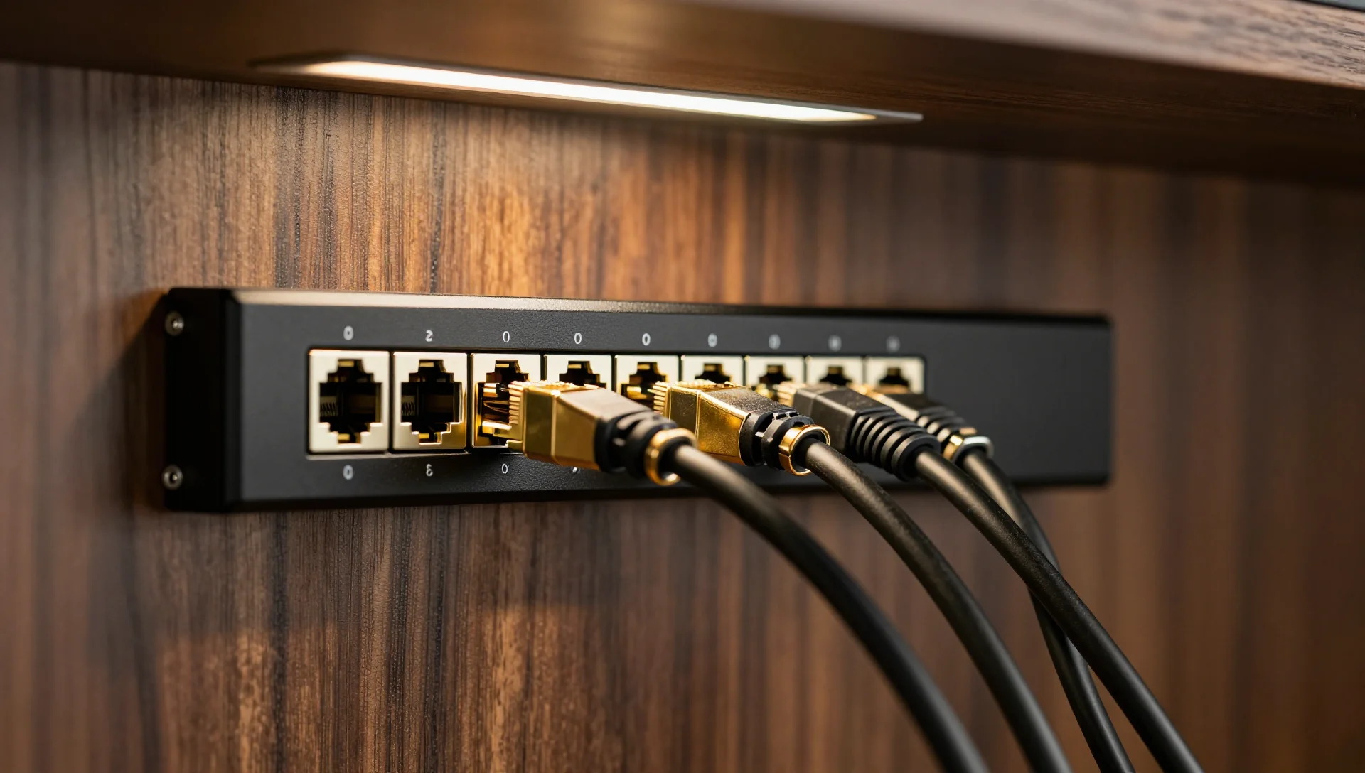 Multiple ethernet cables connected to a wall-mounted patch panel in warm ambient light