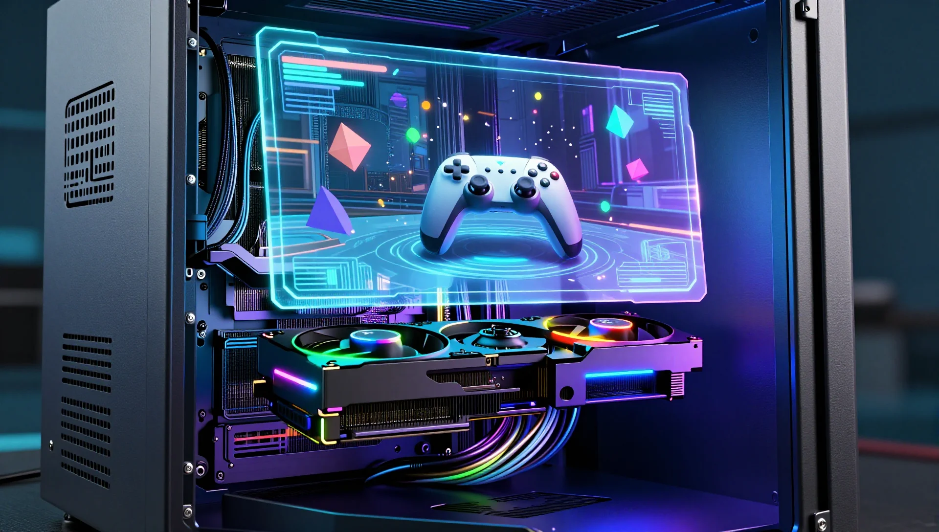 A glowing server rack with GPU passthrough visualization merging data center and gaming aesthetics.