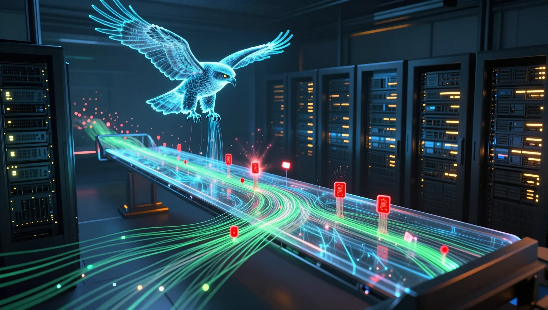 Holographic hawk monitoring glowing network data streams in a dark server room.