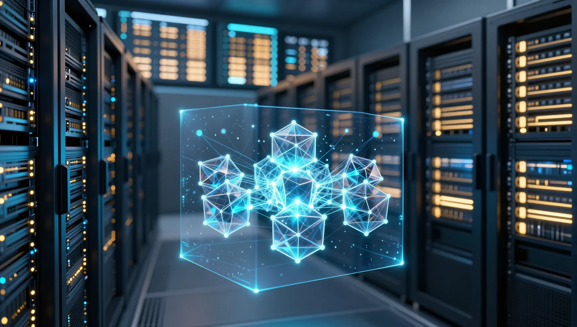 Crystalline Kubernetes node cluster locked inside a glowing data center holographic display.