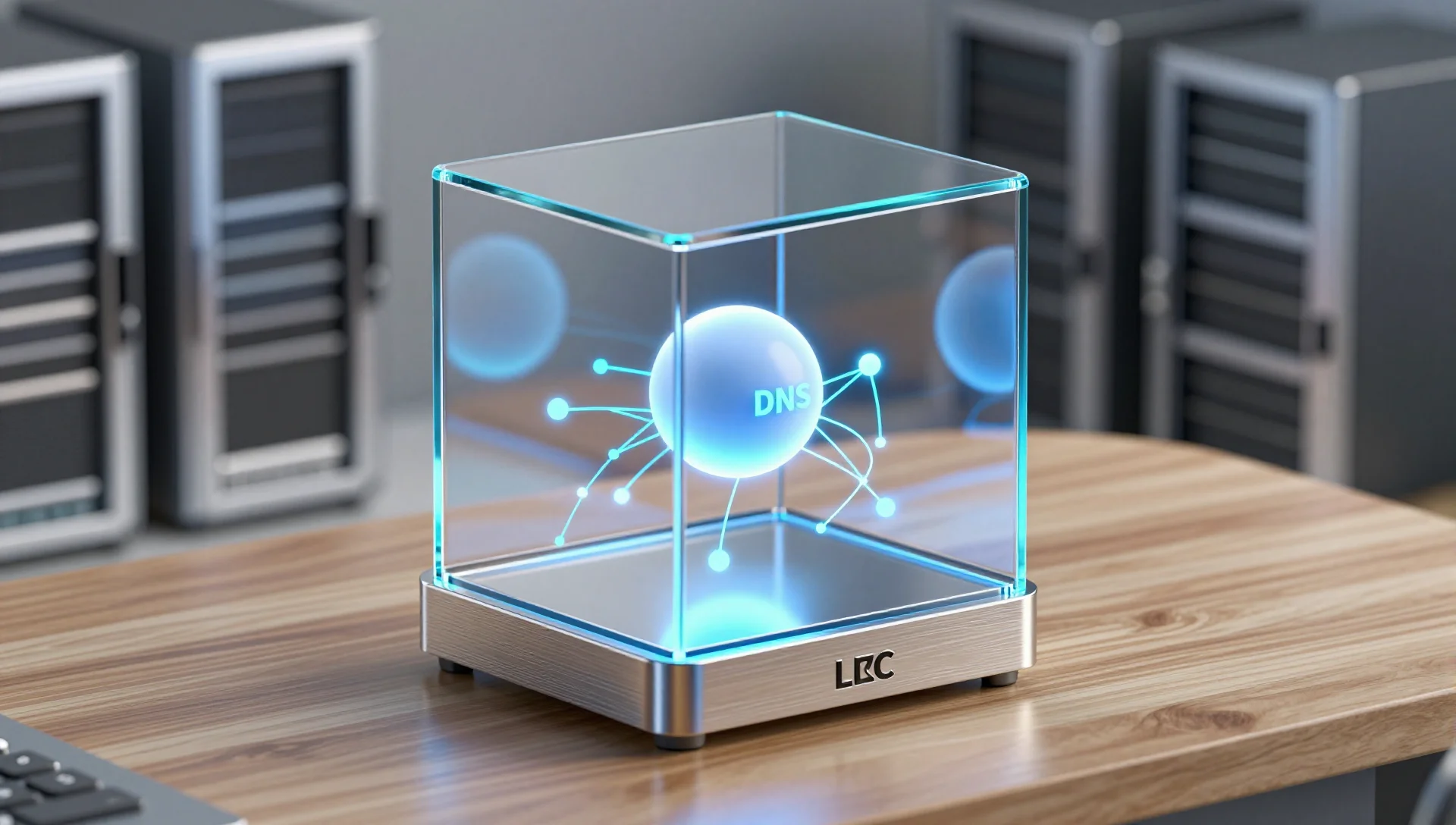 A glowing glass container on a wooden desk with network threads, representing lightweight DNS in a homelab.