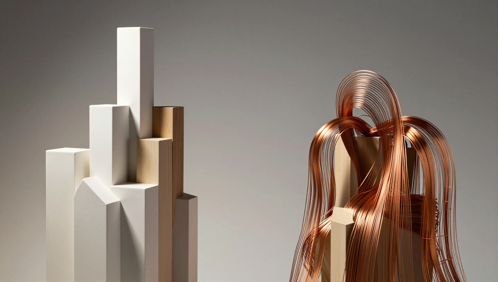 Ceramic blocks rising on the left beside woven copper strands settling into place.